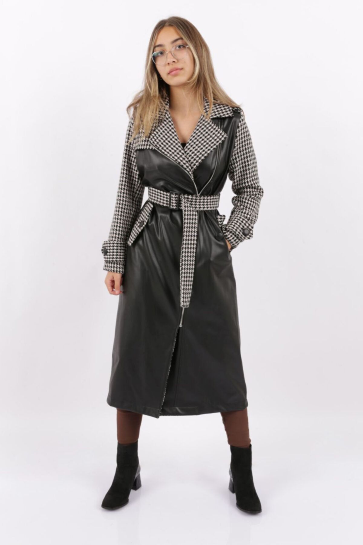 İkoll Kazayağı Garnili Deri Trenchcoat