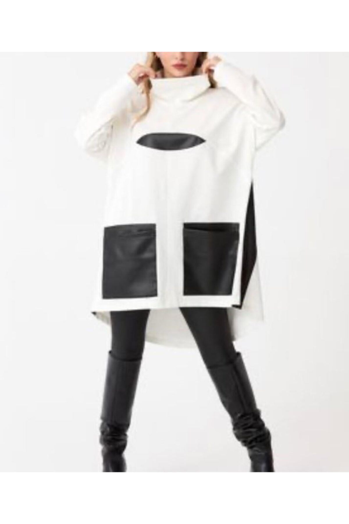 Lagom.İstanbul Lagom Deri Detaylı Ower Model Şık Kadın Sweatshirt Tunik