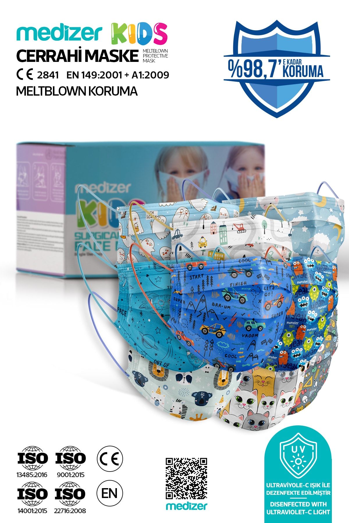 Medizer 5 Farklı Desenli Erkek Çocuk Maskesi 50 Adet Telli
