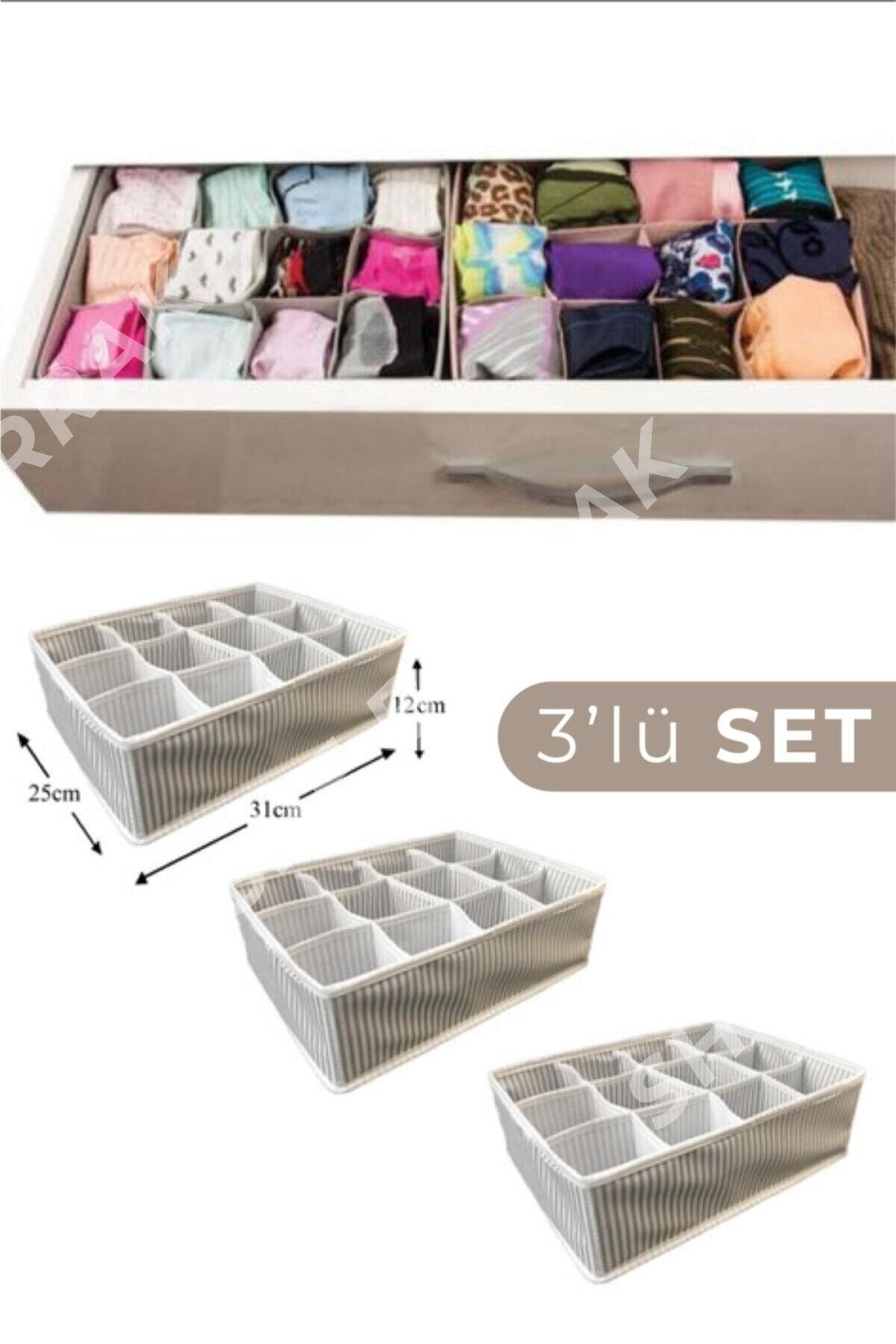 she berrak 3 Adet 12 Bölmeli Çekmece Içi Düzenleyici- Çizgili-25*31*12 Cm*3 Adet