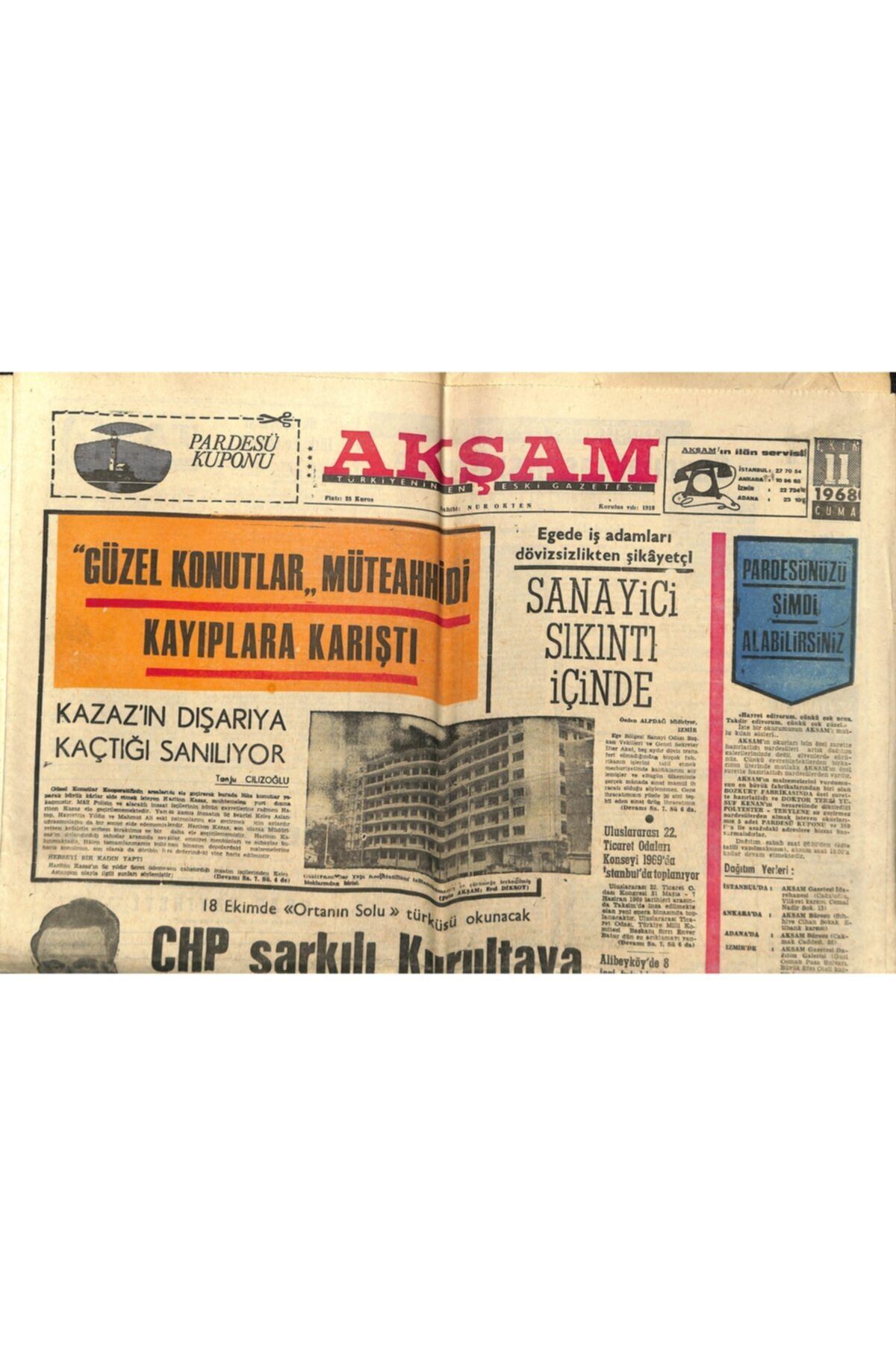 Gökçe Koleksiyon Akşam Gazetesi 11 Ekim 1968 - Chp Şarkılı Kurultaya Hazırlanıyor