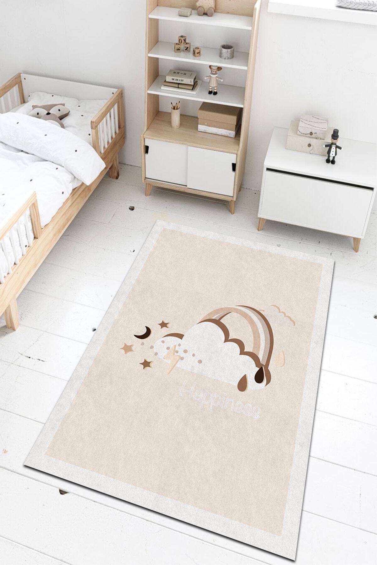 PINKIE HOME Dijital Baskı Kaymaz Dod Taban Makinede Yıkanabilir Krem Gökkuşağı Desenli Çocuk Odası Halısı-2