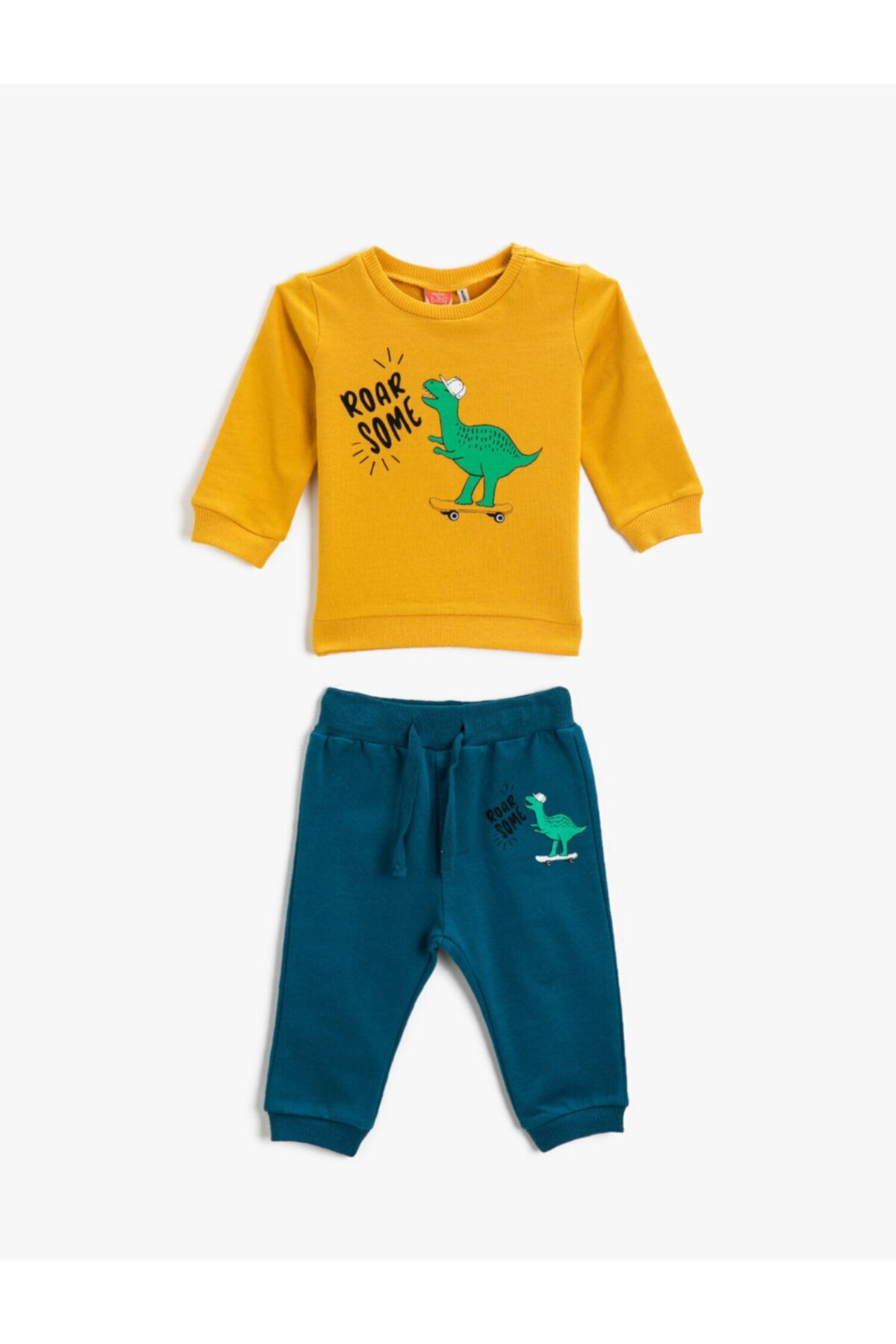 Koton Dinozor Baskılı Sweatshirt Belden Bağlamalı Jogger Eşofman Altı Set Pamuklu