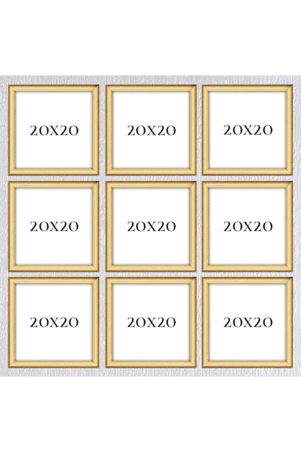 AS TİCARET Dekoratif Gold Çerçeve Seti 9 Adet 20x20 Camlı