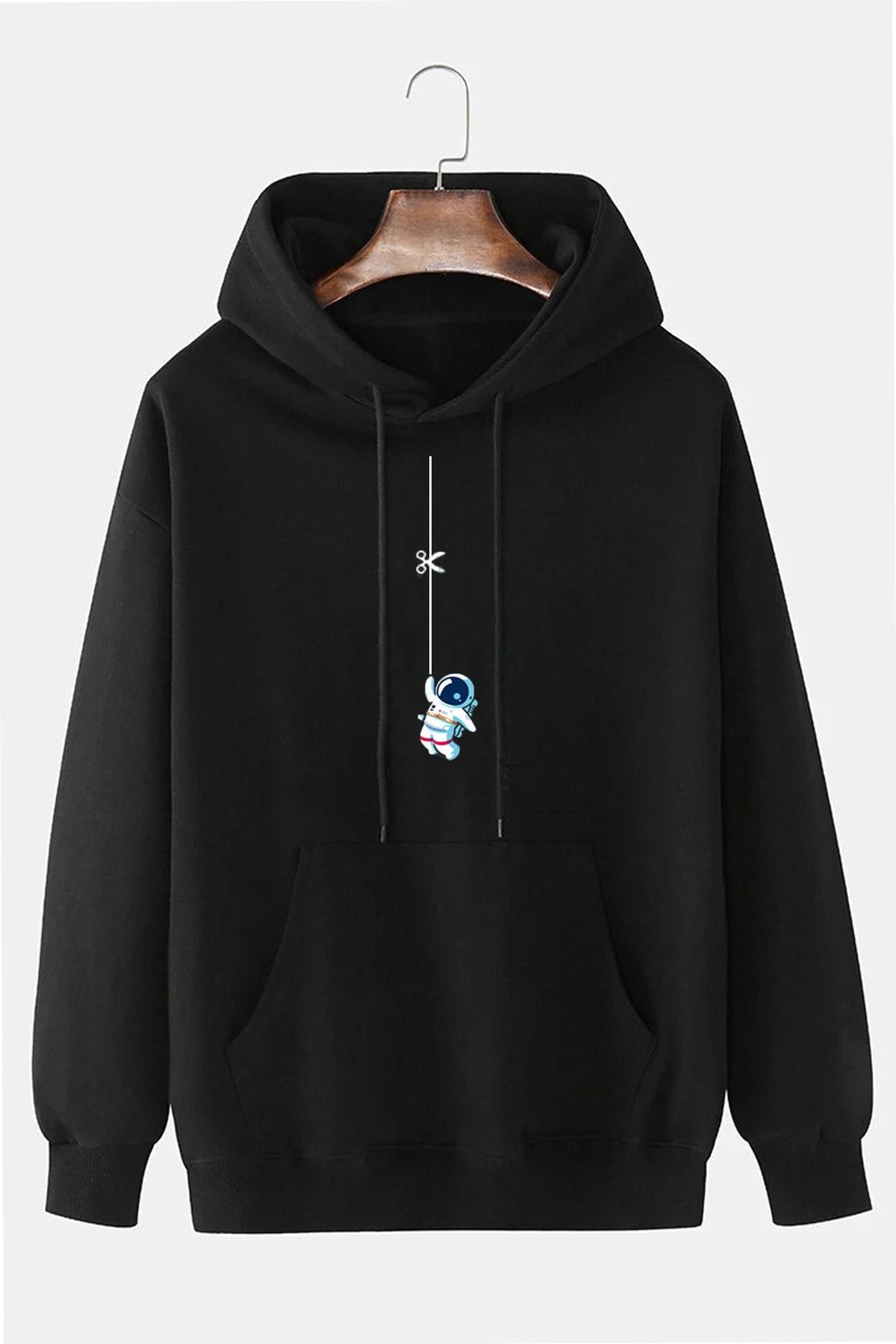 dAcollection Unisex Pamuklu Rahat Kalıp Astronot Baskılı Kapüşonlu Sweatshirt Siyah