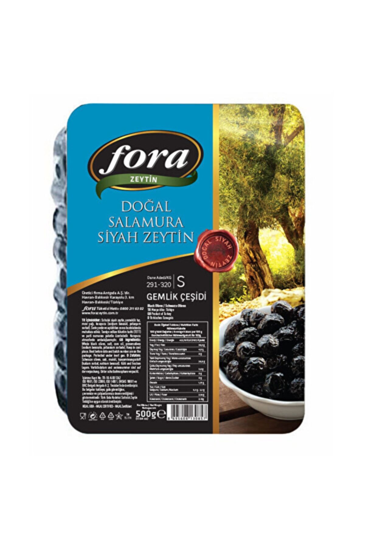 FORA ZEYTİN Doğal Salamura Siyah Zeytin 500 gr 291-320 Vakumlu Iri Boy .