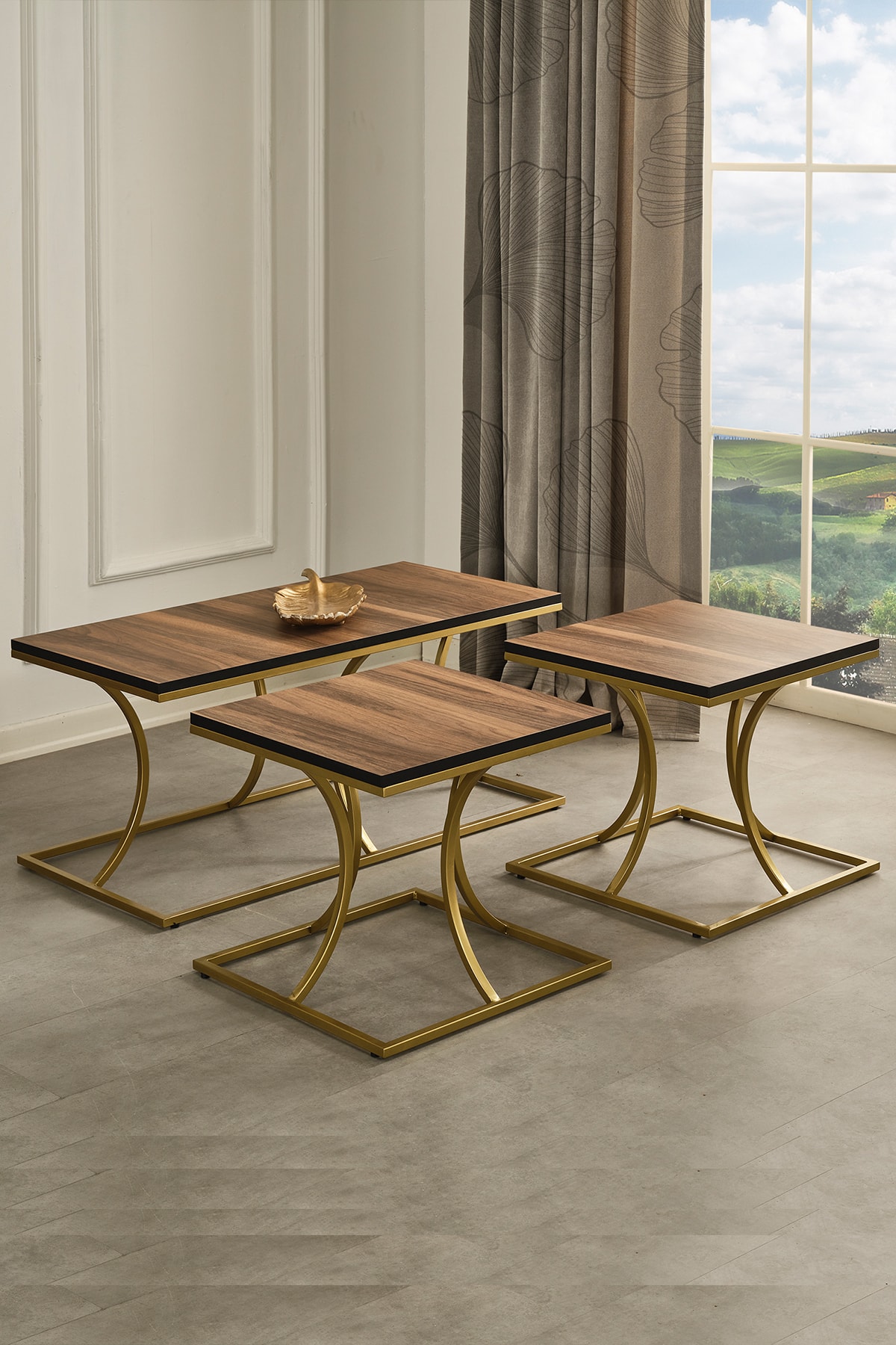 Sawoli Home Puzzle Gold Metal Ayak Ceviz Orta Sehpa