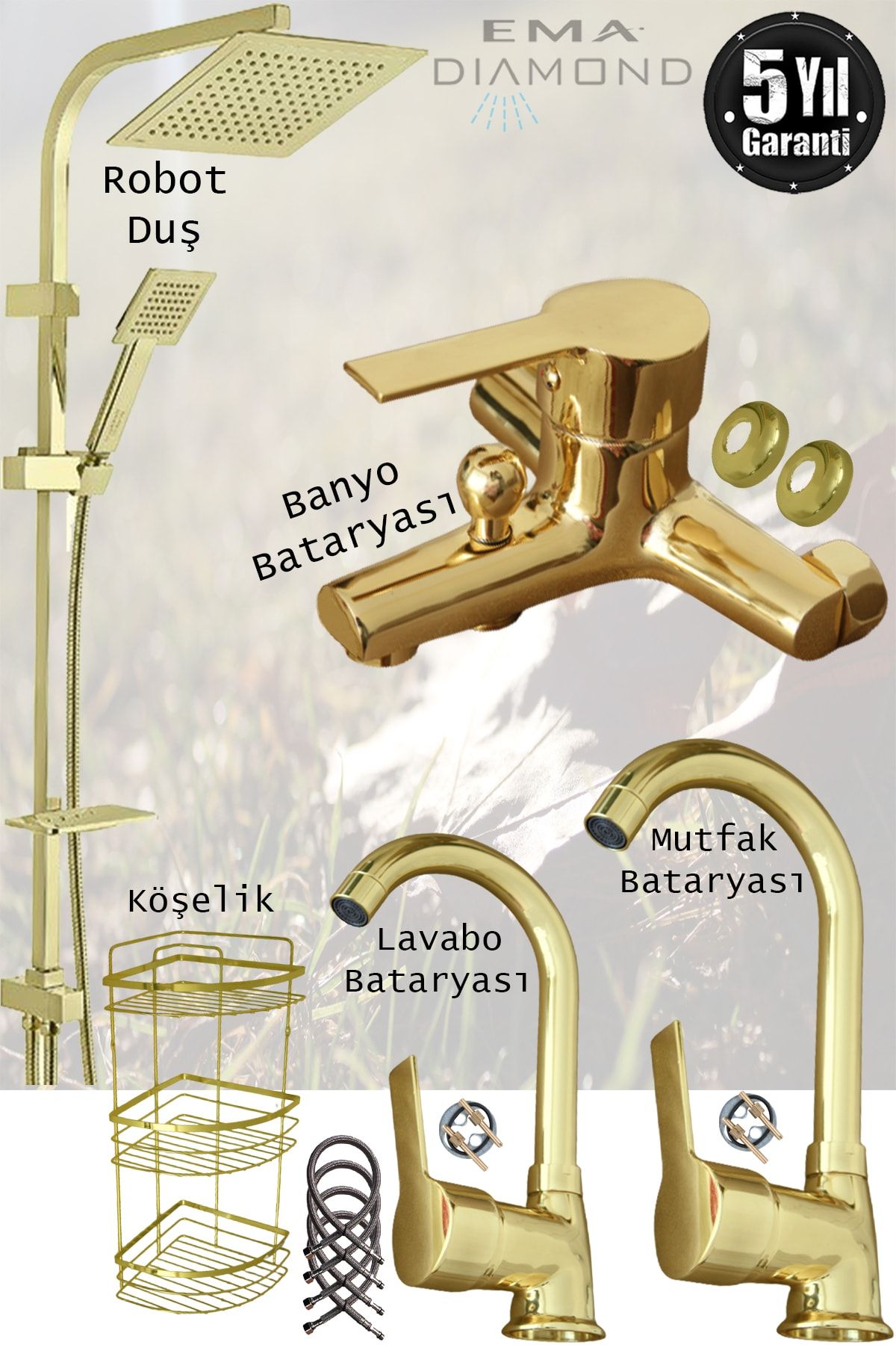 özbay ısı sanayii ö şekil Lavabo Banyo Mutfak Bataryası Diamond Robot Duş Gold Musluk Aksesuar Seti Armatür, Altın Musluk