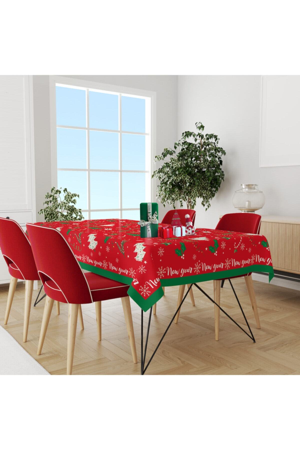 SH Seray Home Yeni Yıl Kış Winter Temalı Çam Ağaçları Kırmızı 140x200 Cm Masa Örtüsü