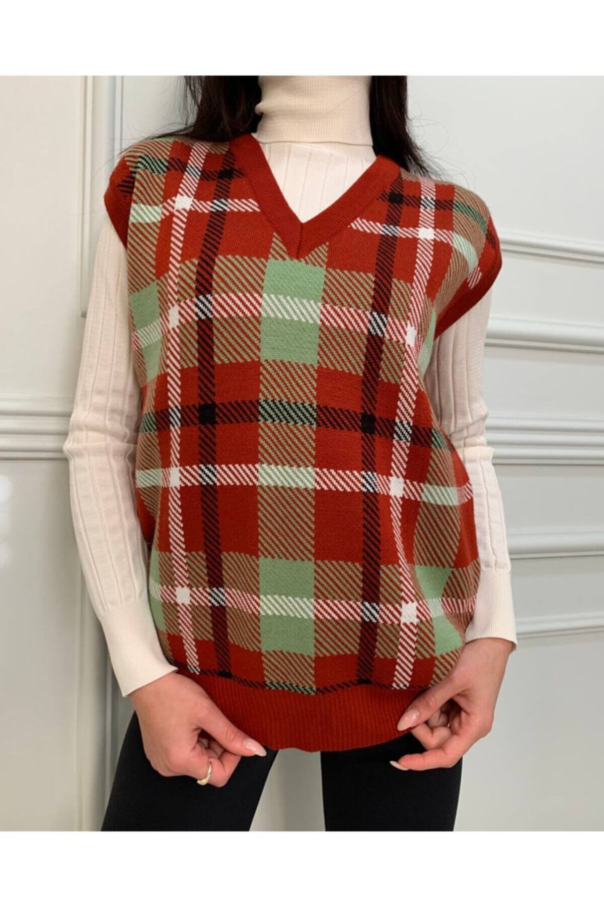 Lena Collection.tr Kiremit Kırmızısı Ekose Desenli Örgü Kadın Süveter