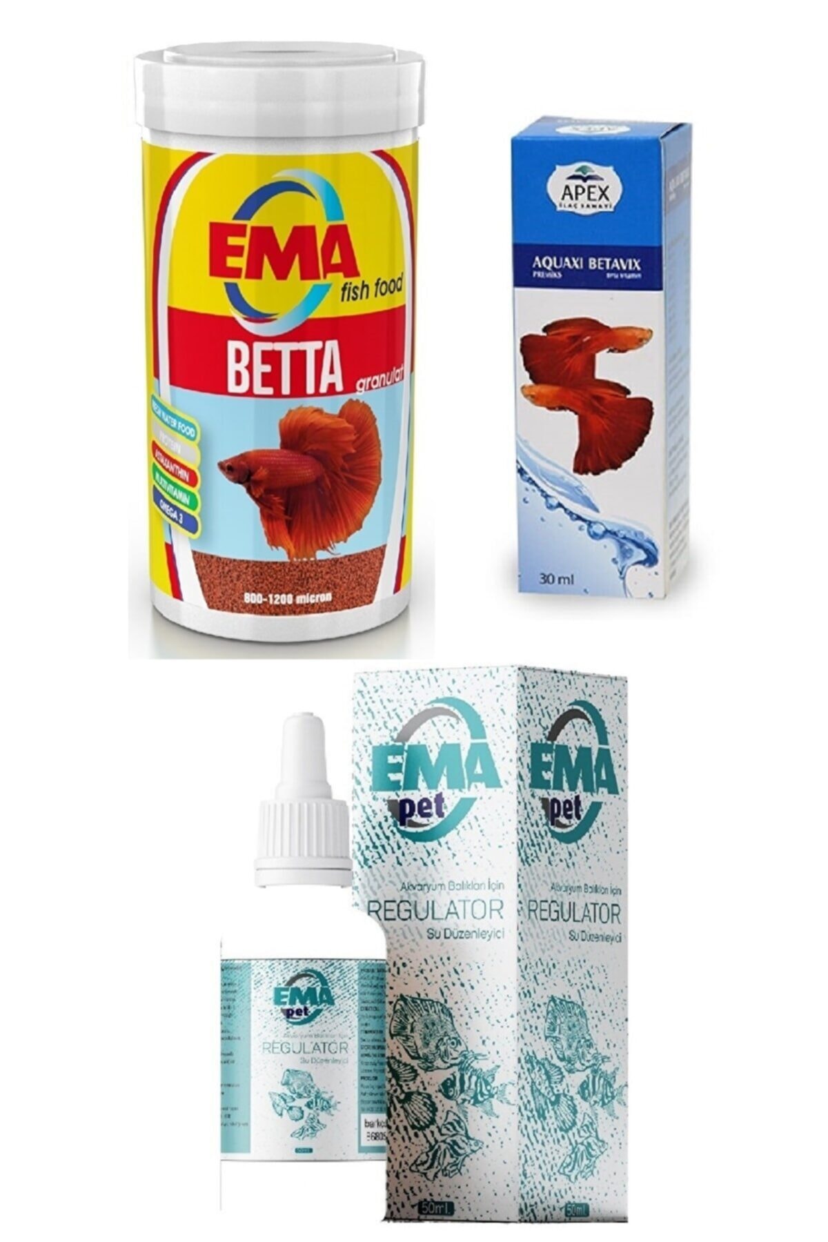 ARMATÜRK Betta Bakım Seti Ema Beta Yemi 100 ml Aquaxi Betavix Beta Vitamini Ema Su Düzenleyici