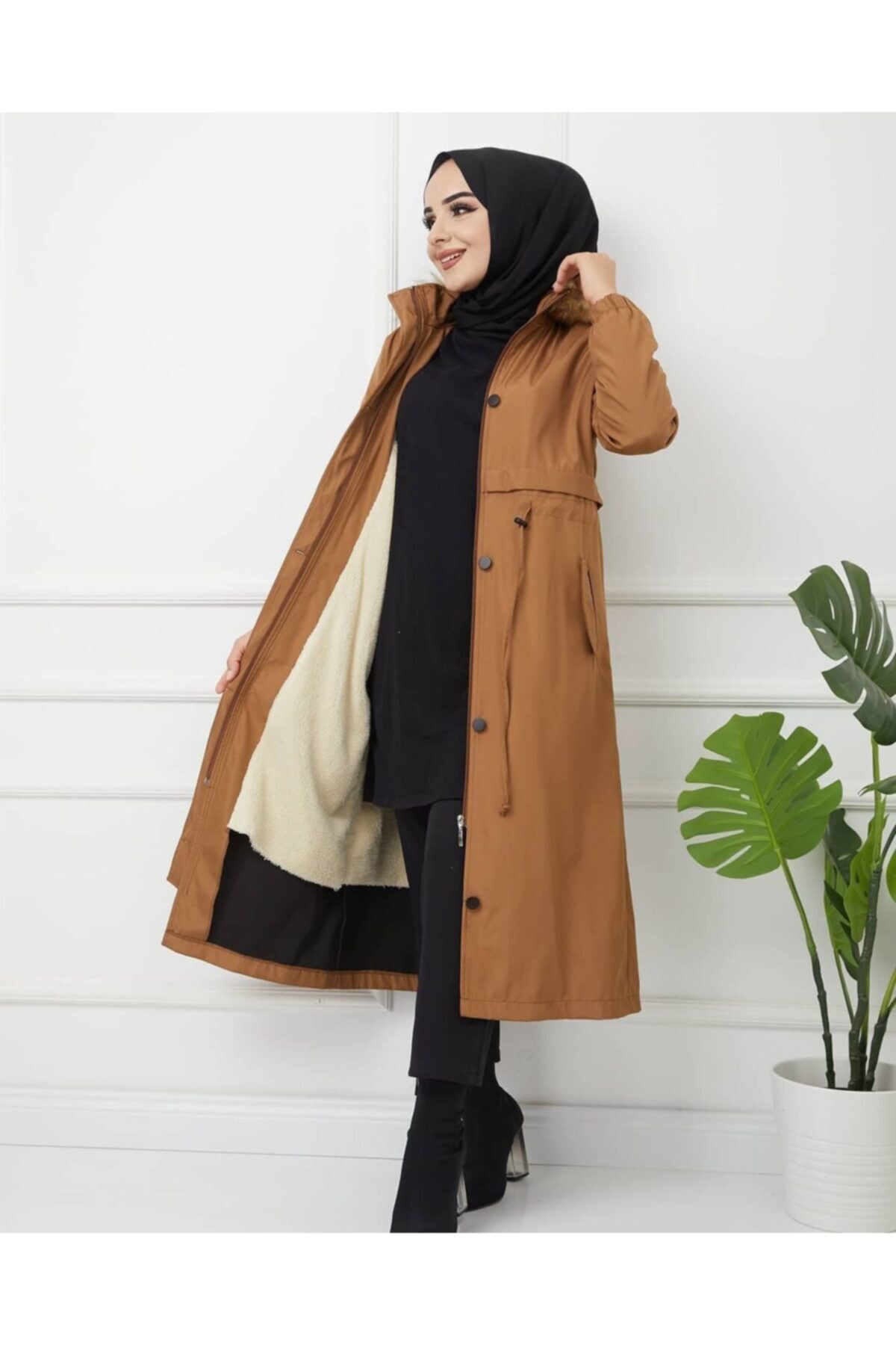 TUTveAL Collection Kadın Suya Dayanıklı Uzun Bonded Mont Içi Kürklü Taba Mont Büyük Beden Bonded Mont 38-58 Beden