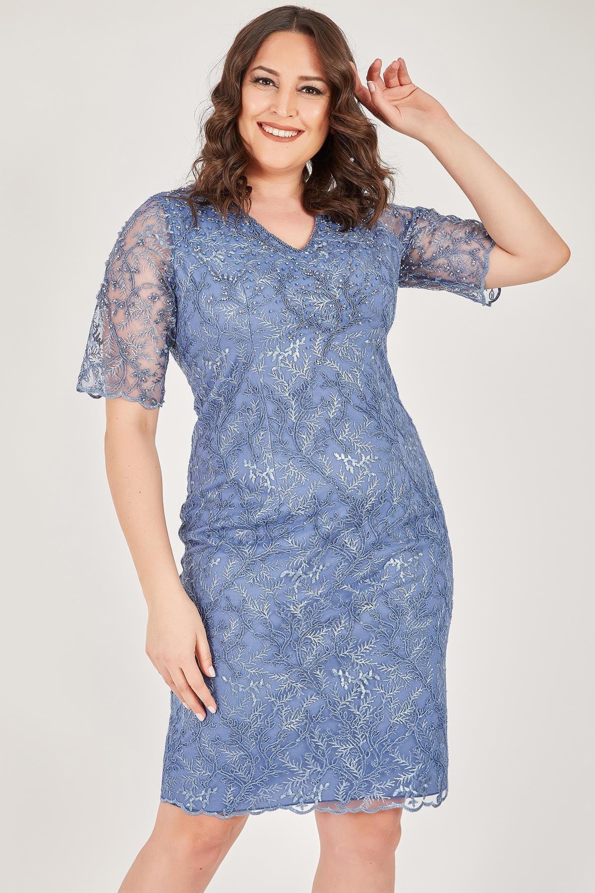 Ladies First Büyük Beden 3476 Indigo Ara Boy Abiye Elbise