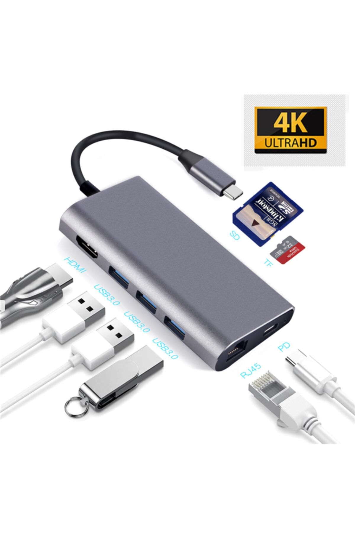 Daytona Hb08 Type-c To 3* Usb 3.0 4k Hdmı Rj45 Gigabit Ethernet Pd Şarj Sd Tf Çevirici Hub Adaptör