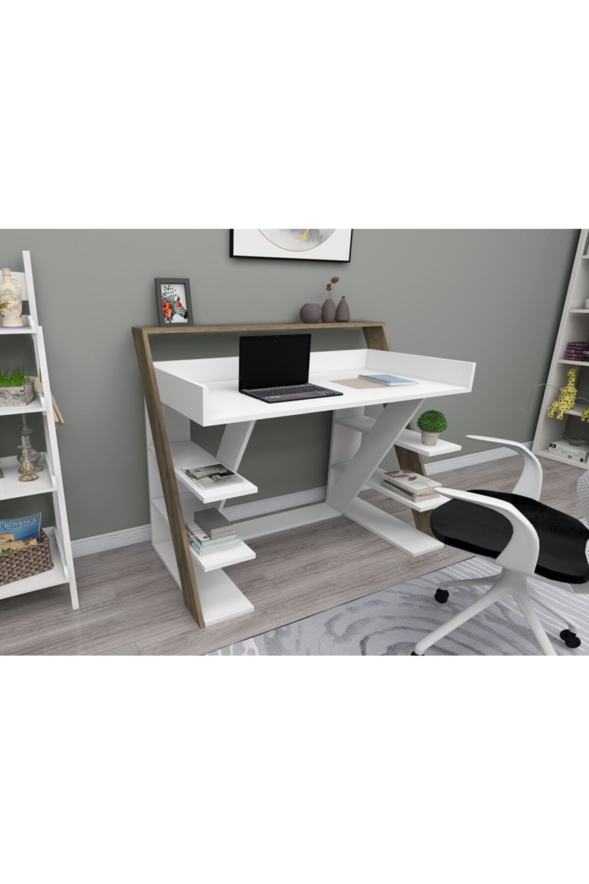 ARNETTİ Metrix Çalışma Masası Beyaz-ceviz 95,5x123,6x67cm Çok Raflı Kolay Kurulum