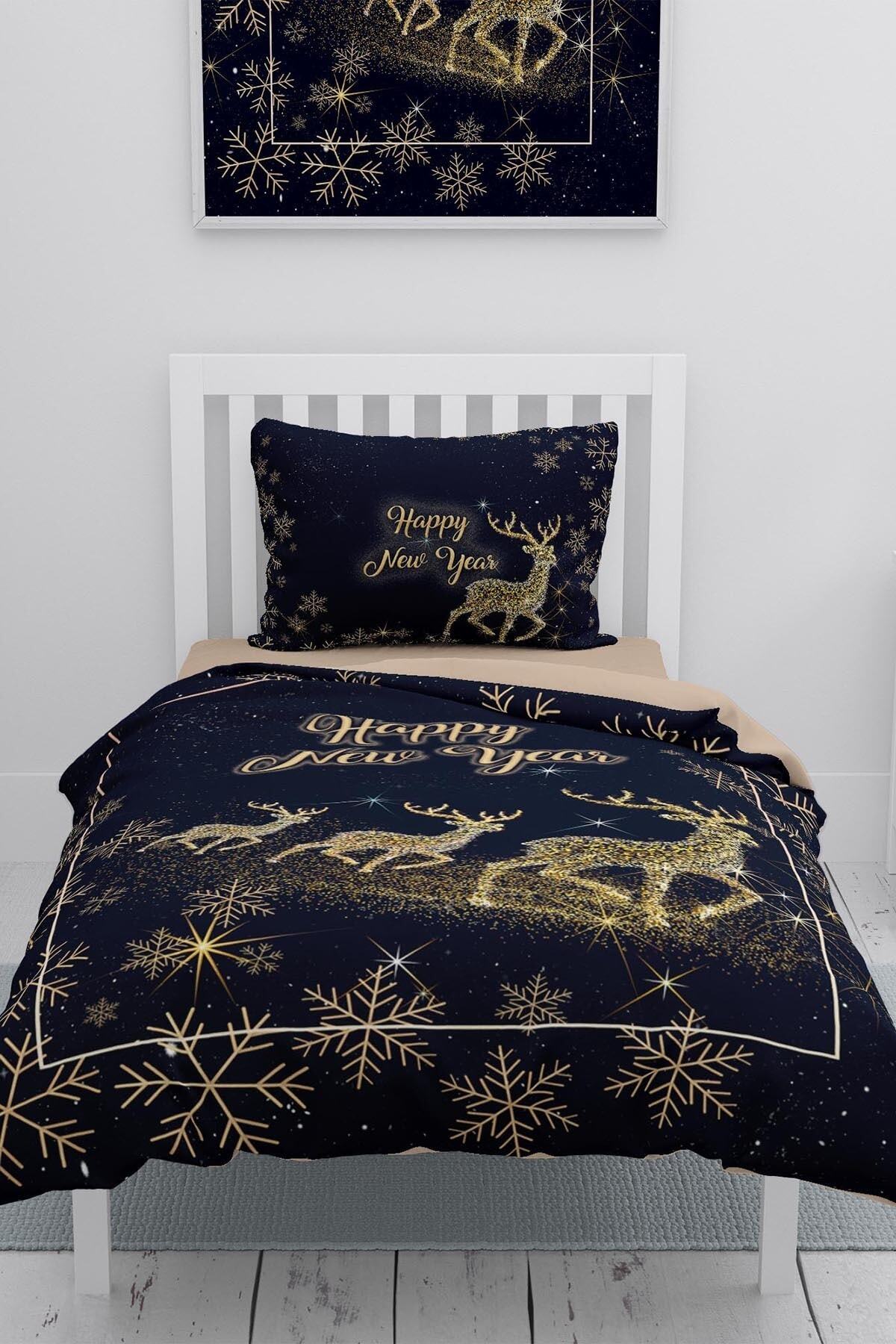 MonoHome Yılbaşı Merry Christmas Tek Kişilik 3d Nevresim Takımı Pamuk Saten Geyik