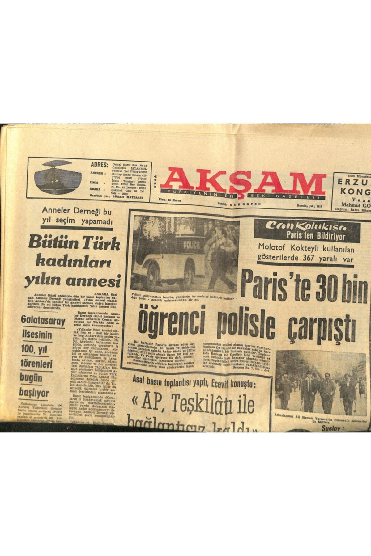 Gökçe Koleksiyon Akşam Gazetesi 12 Mayıs 1968 - Paris'te 30 Bin Öğrenci Polisle Çarpıştı