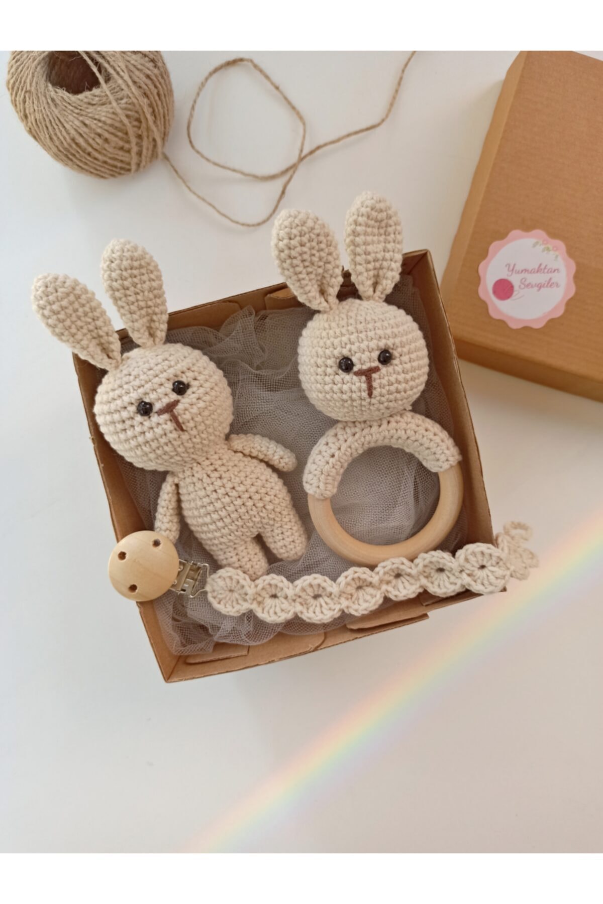 Yumaktan Sevgiler Amigurumi Tavşan Oyuncak, Diş Kaşıyıcı Ve Emzik Zinciri Set