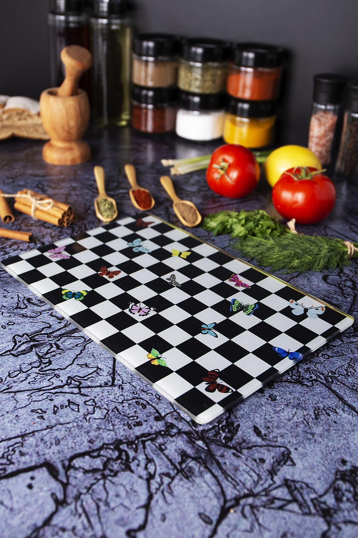 vipgross Kırılmaz Cam Kesim Tahtası / Panosu 20*30 Kelebek Damalı
