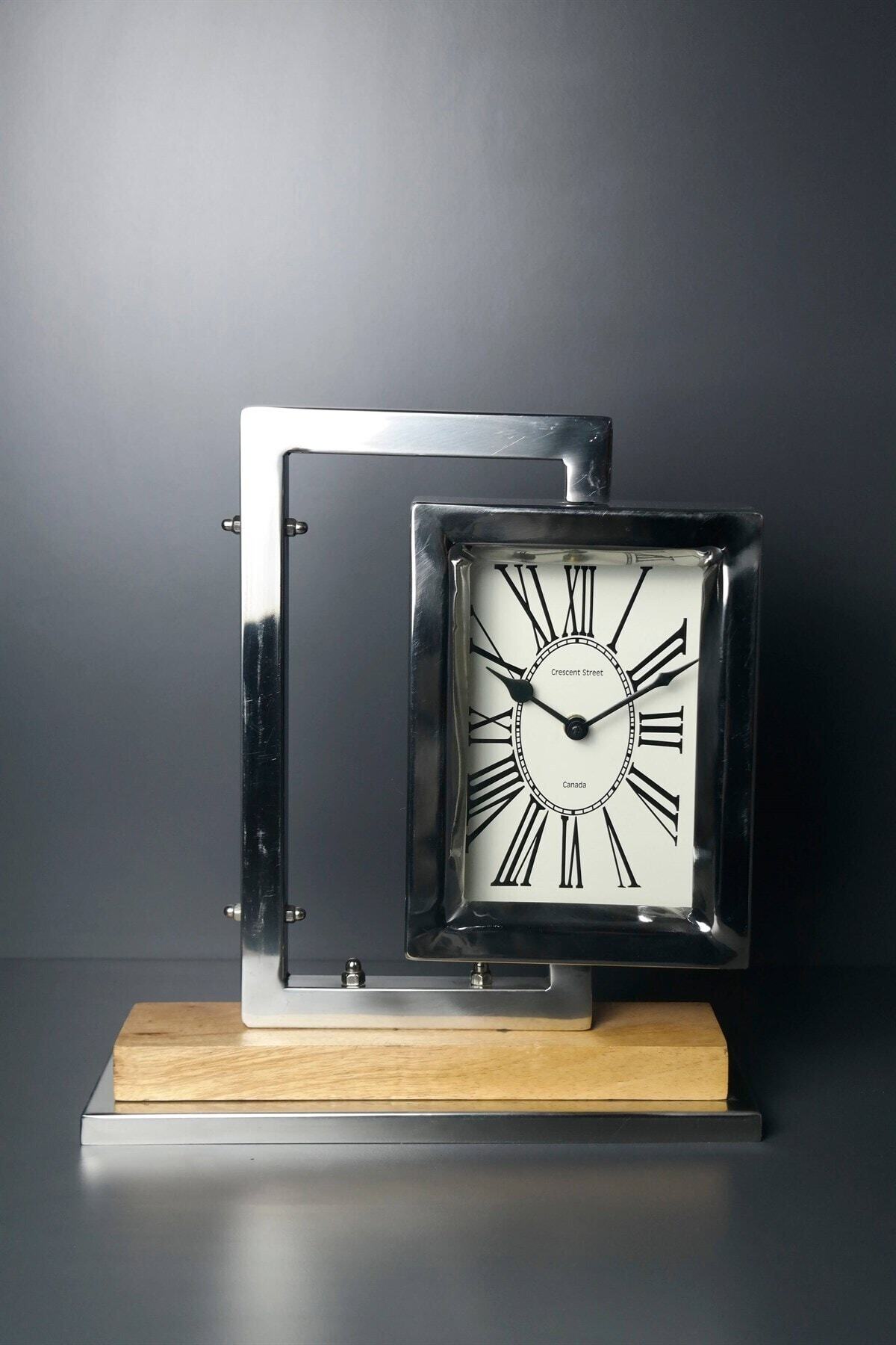 Joy Home Gümüş Metal Çerçeveli Masaüstü Analog Saat 39 Cm