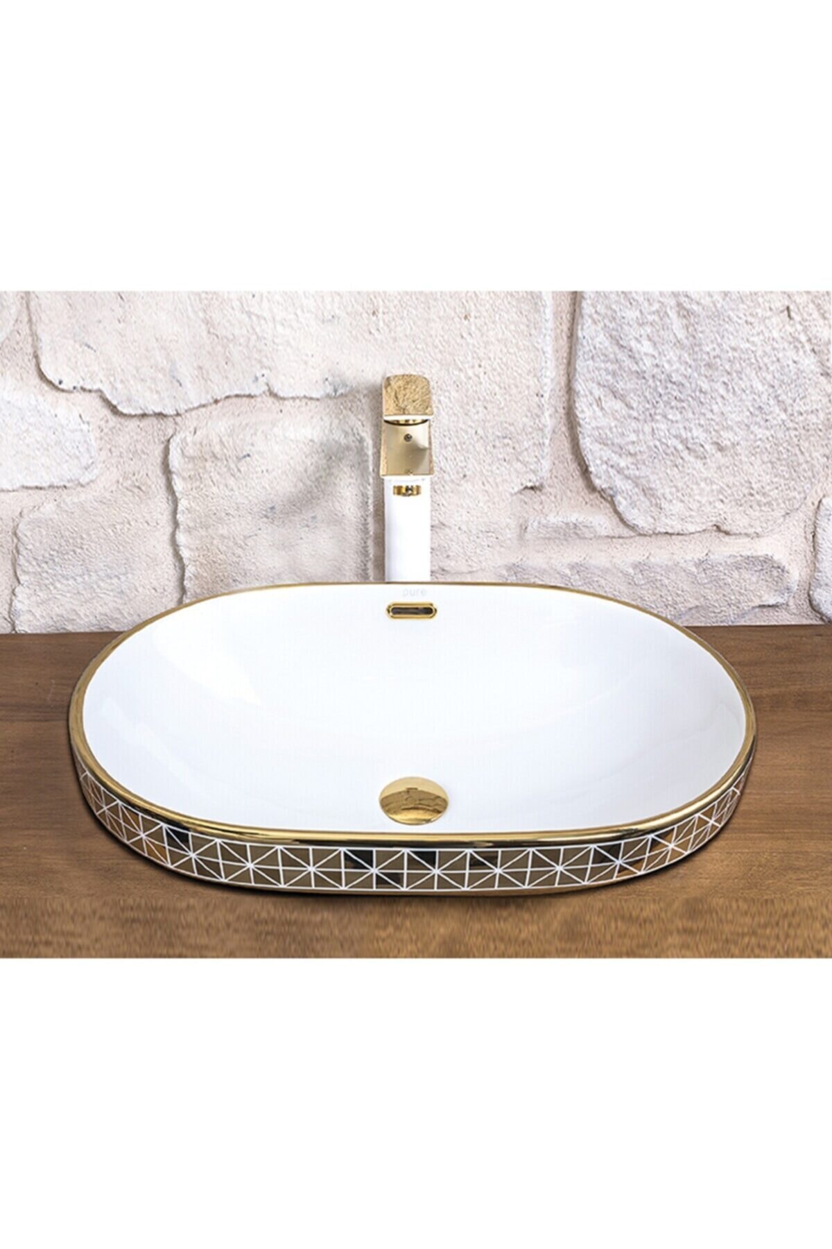 Pure Concept Beyaz Renk, Altın Desenli Ankastre Lavabo 60 Cm,oval Tasarım, Dekoratif