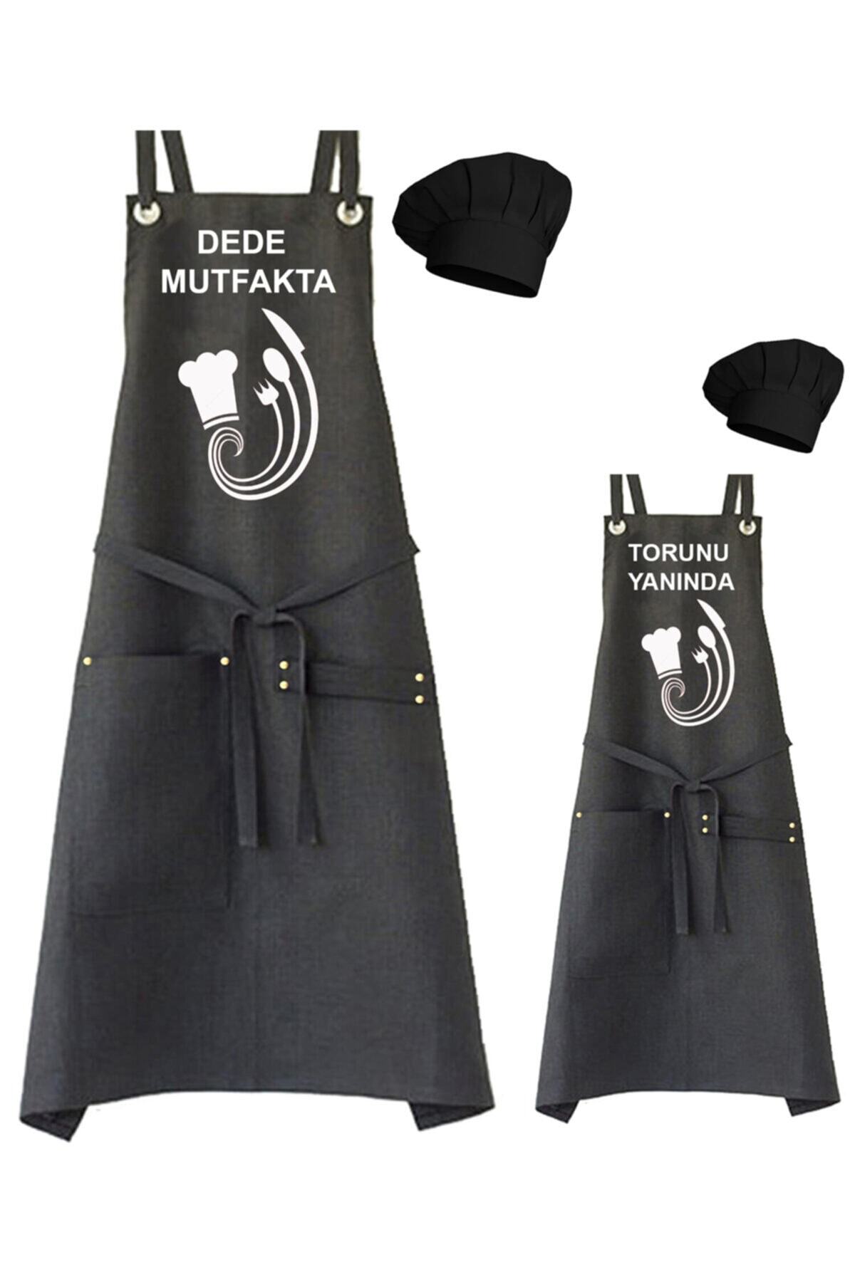 medusaforma Dede - Torun Önlük Takım Çocuk Aşçı Kıyafeti Master Şef Mutfak Önlüğü Chef Önlük Kepli Takım