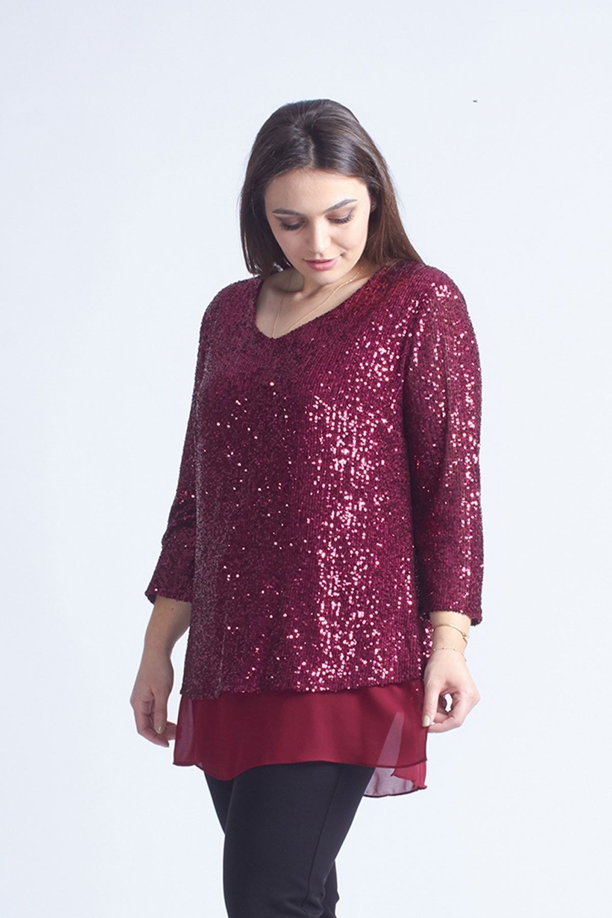 Moda Berray 28034 Payet Büyük Beden Bluz Bordo