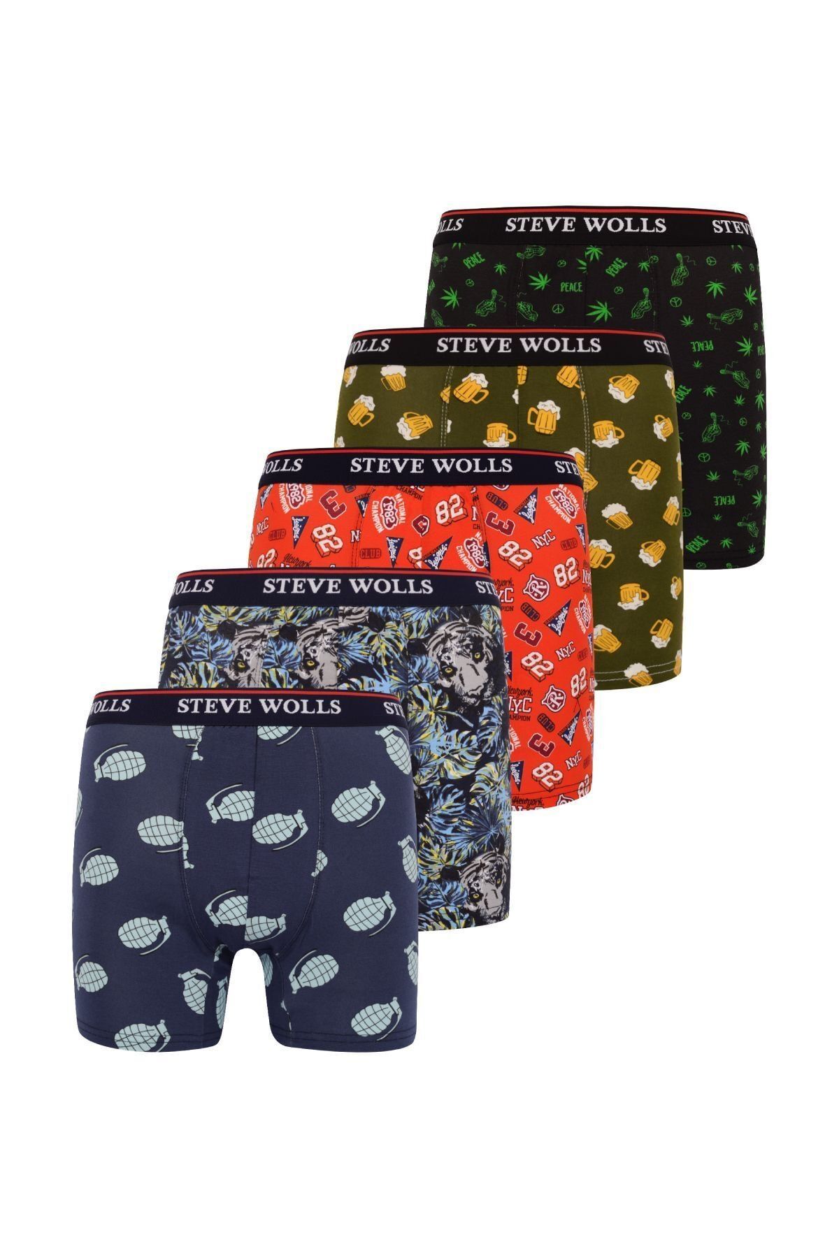Steve Wolls Erkek Karışık Desenli Pigment Baskılı 5'li Boxer Set