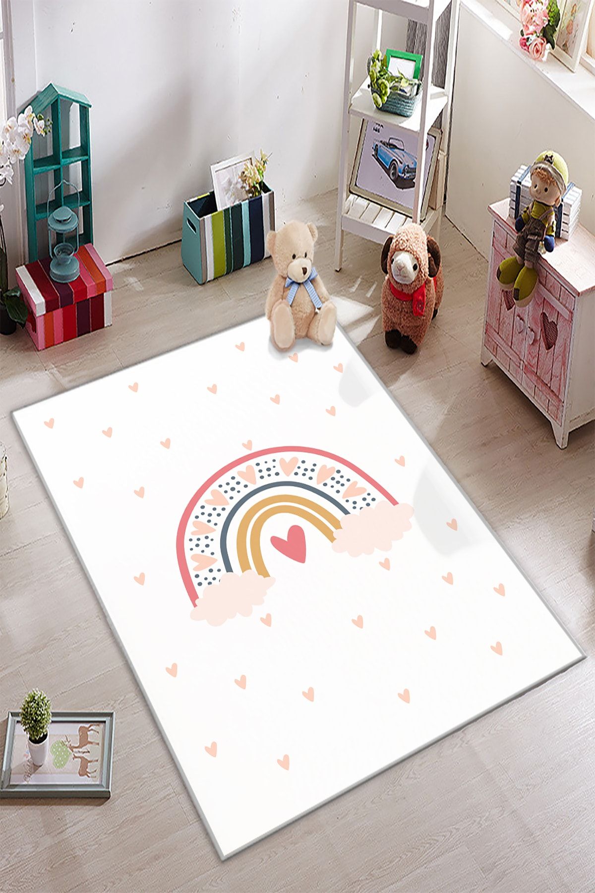 GARDENYA HOME Gardenya Beyaz Pembe Kalpli Gökkuşağı Çocuk Odası Halısı