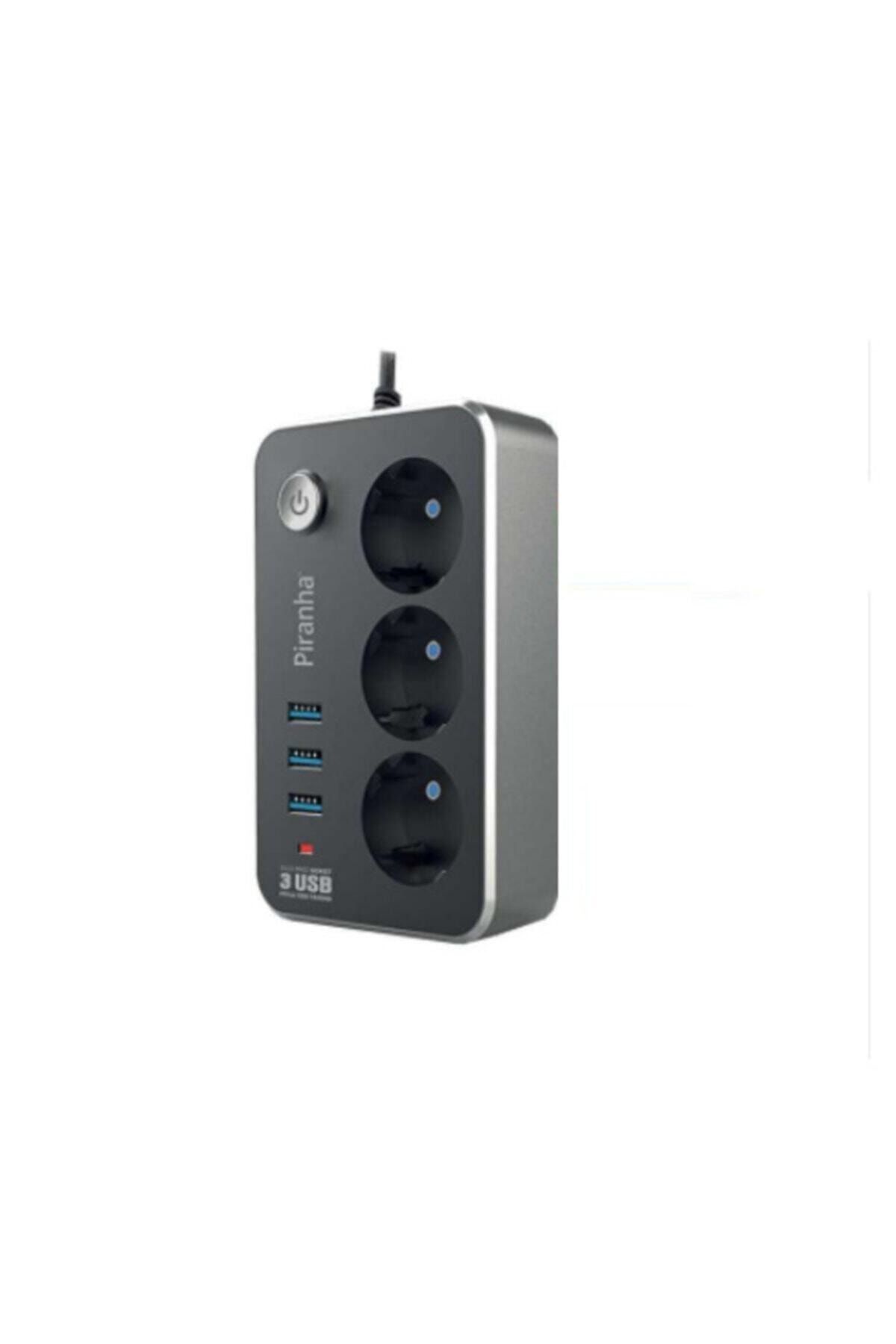 Piranha Termal Akım Korumalı Uzatma Kablosu 3'lü Priz 3 Usb'li 3396