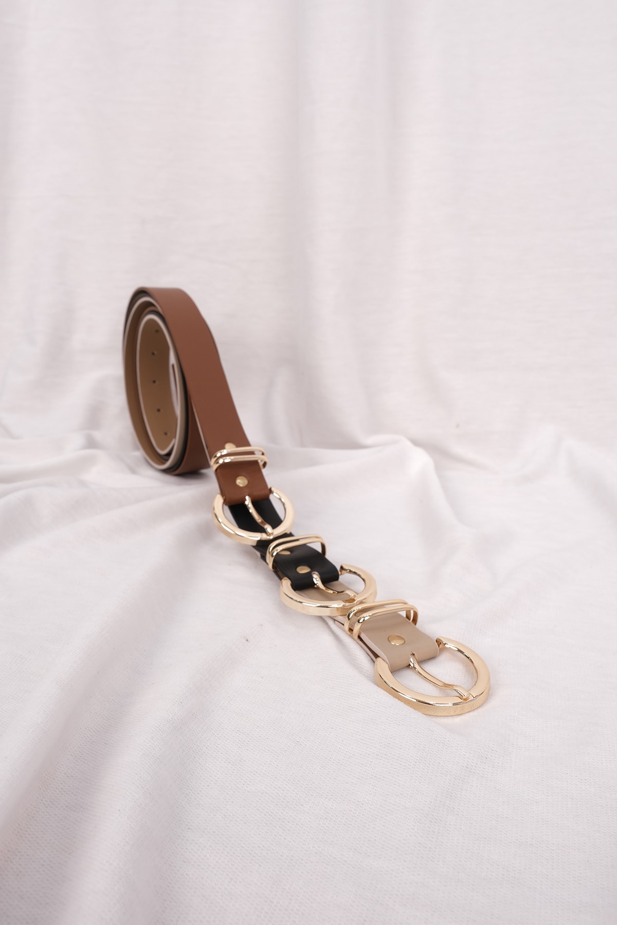 LİA KEMER Kadın Gold Ay Tokalı Vizon-taba-siyah Suni Deri Kemer