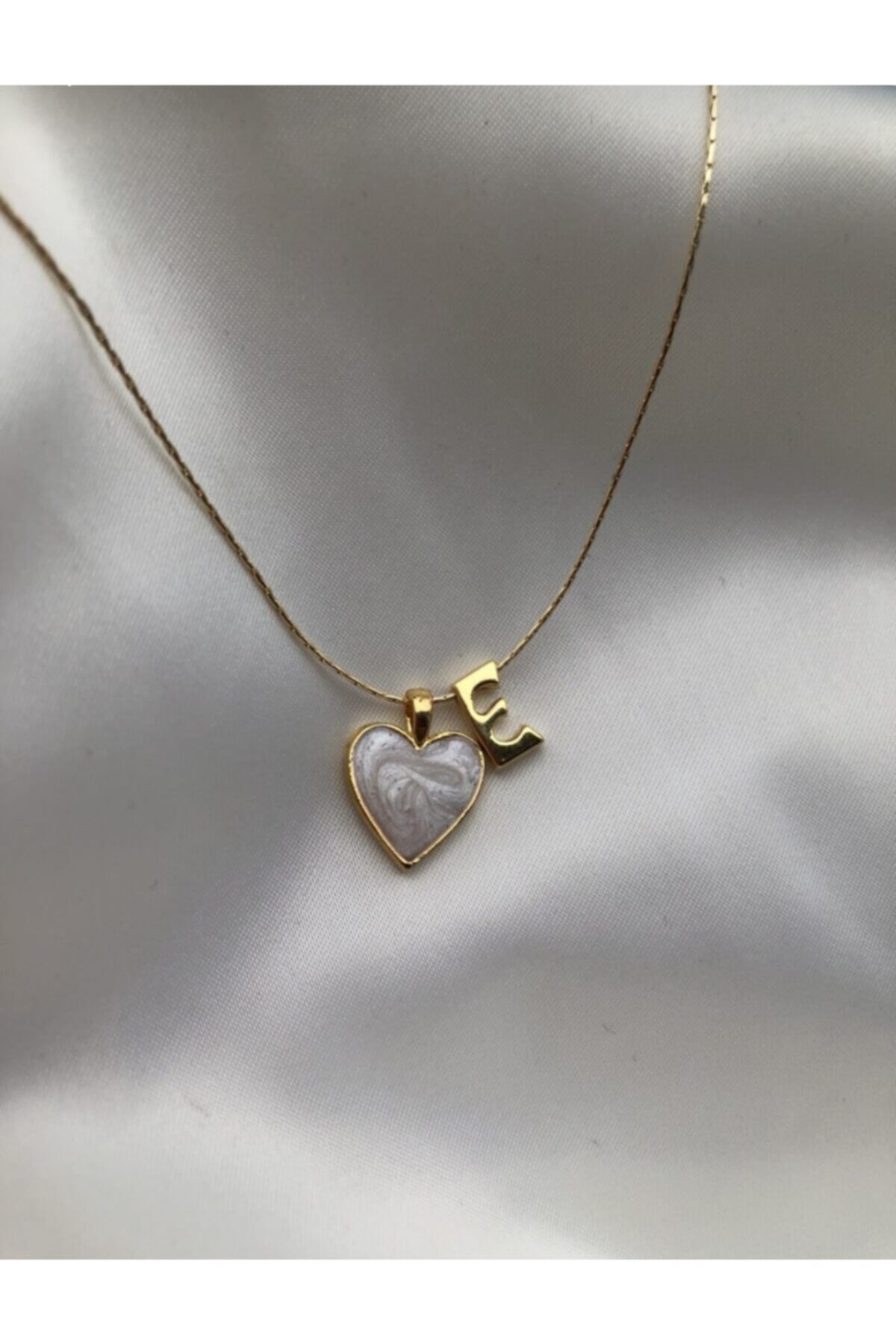 NurCollection Gold Plated Mother of Pearl Heart Letter E Necklace