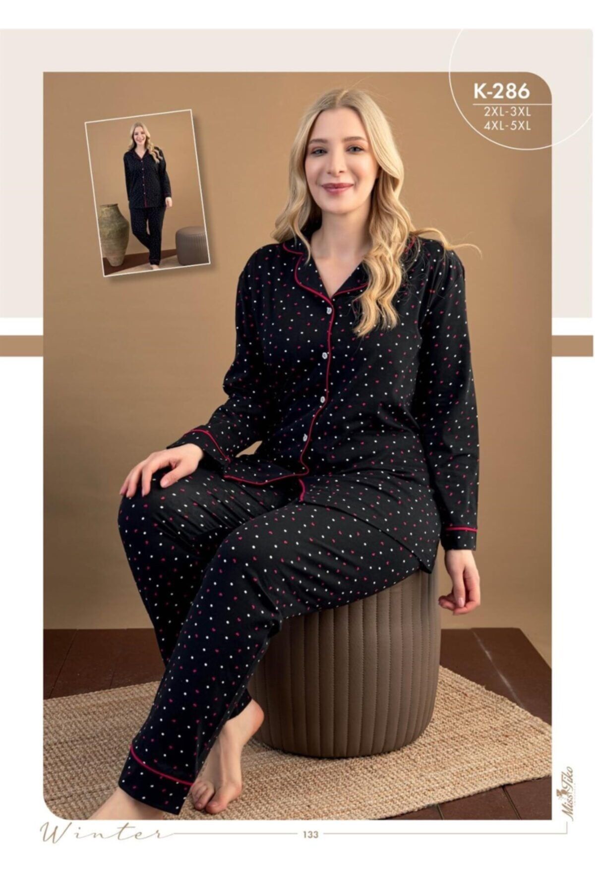 Aria's Closet Büyük Beden Deseni Düğmeli Pijama Takımı