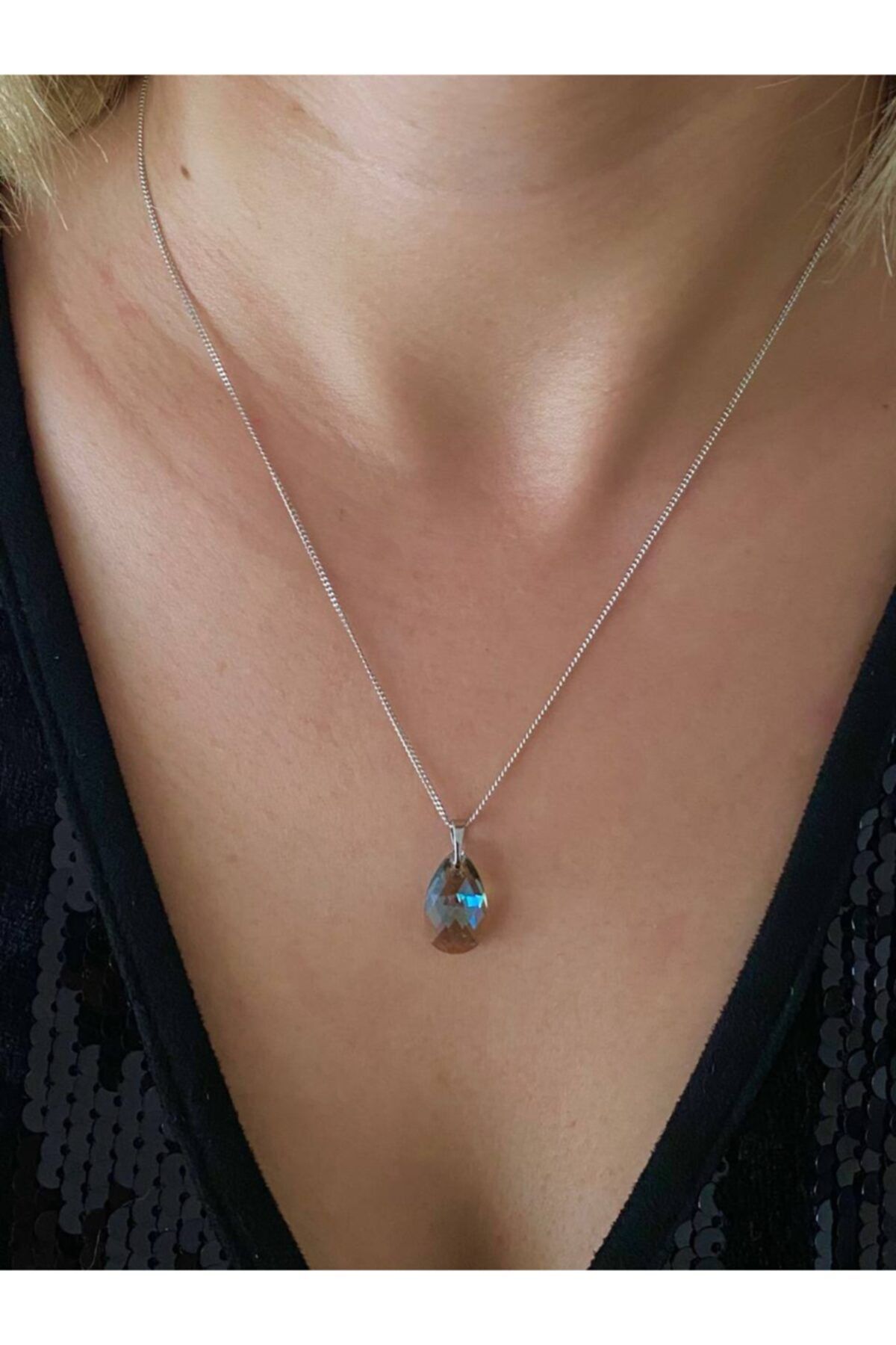 Esmeray Aksesuar Vip Çelik Gümüş Renk Orijinal Neon Renkli Swarovski Taş Antialerjik Kolye Uzunluk 42 cm