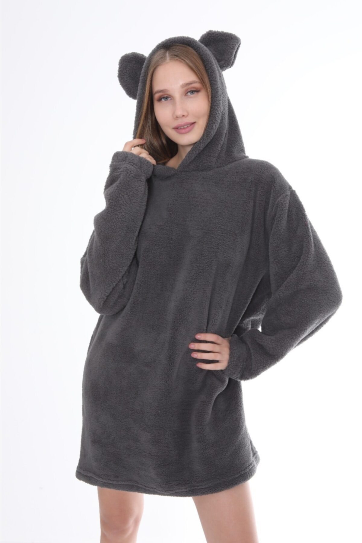 Mad&Calf Füme Kapşonlu Teddy Peluş Sweatshirt