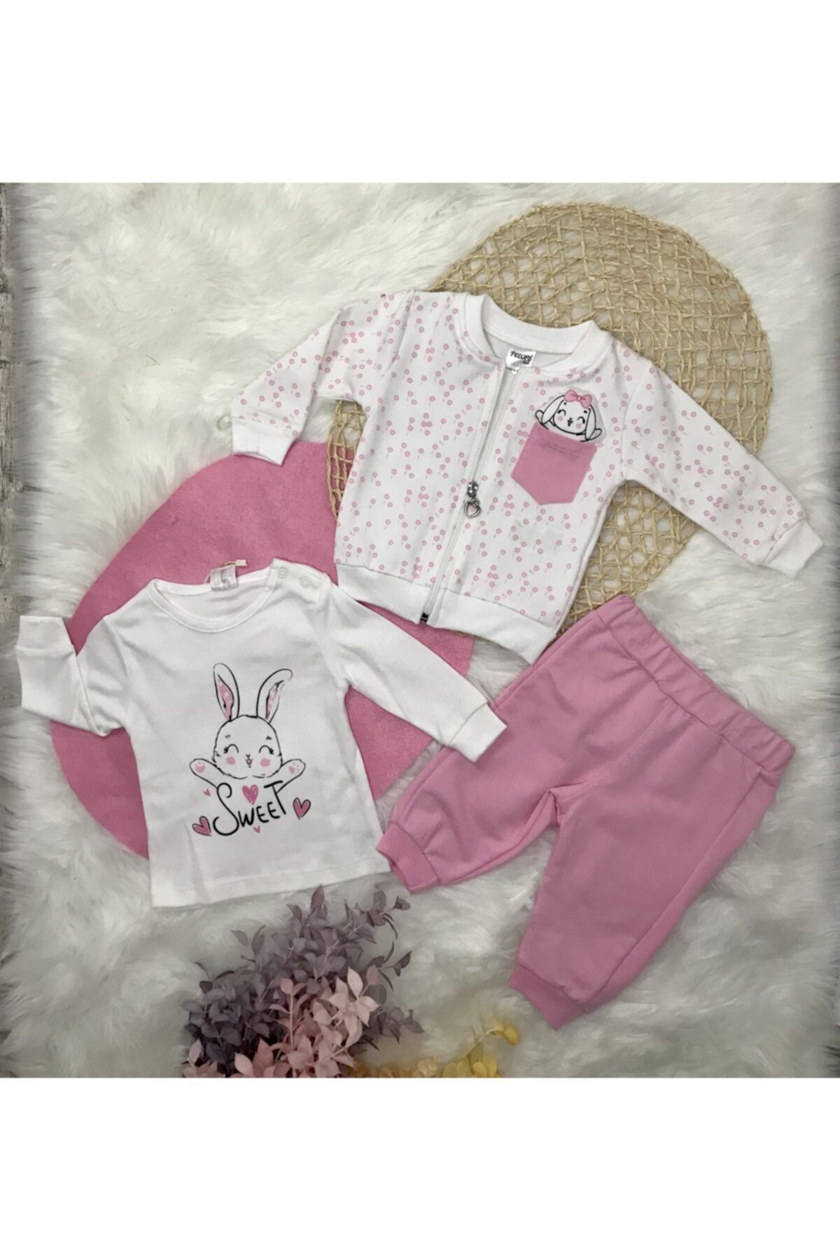 BABYİSH BEBE Çiçek Baskılı Şişme Tavşan Cepli Üçlü Takım