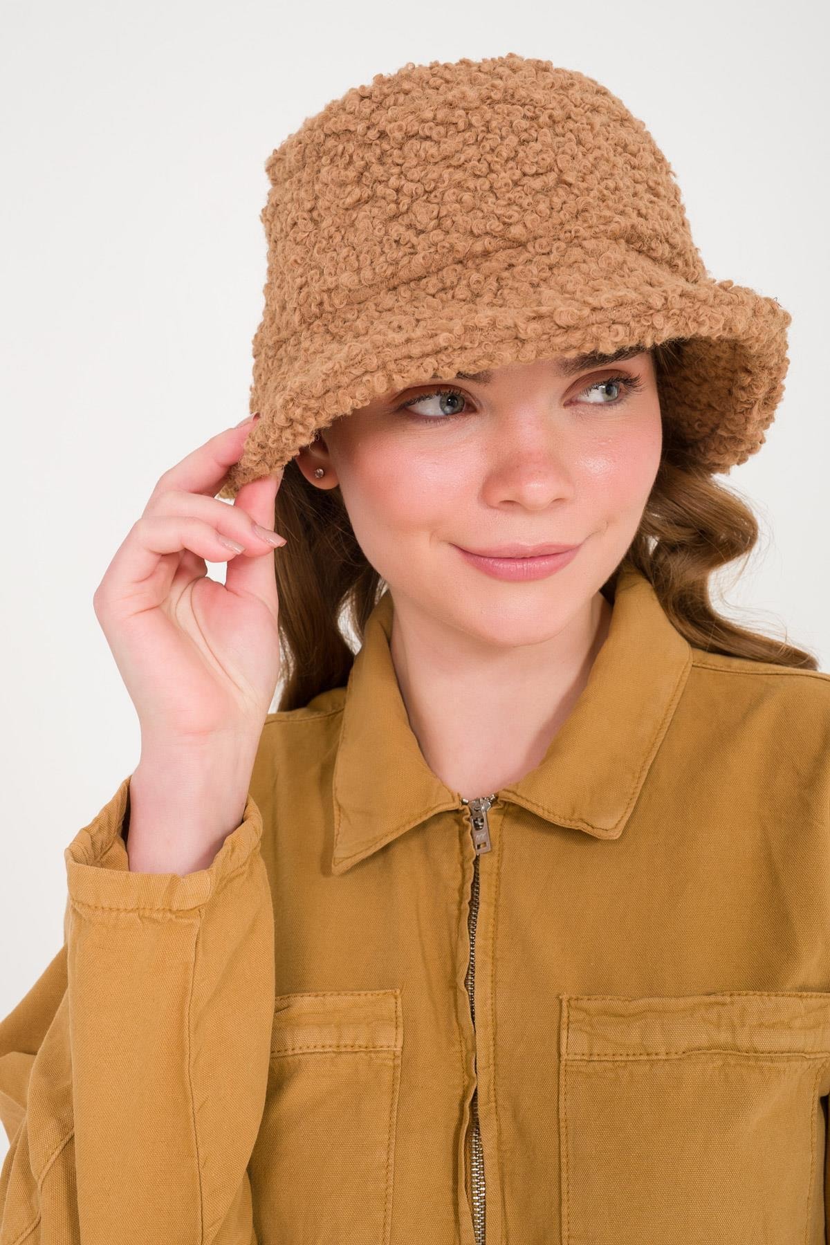 BAHELS Kadın Camel Teddy Peluş Bucket Şapka