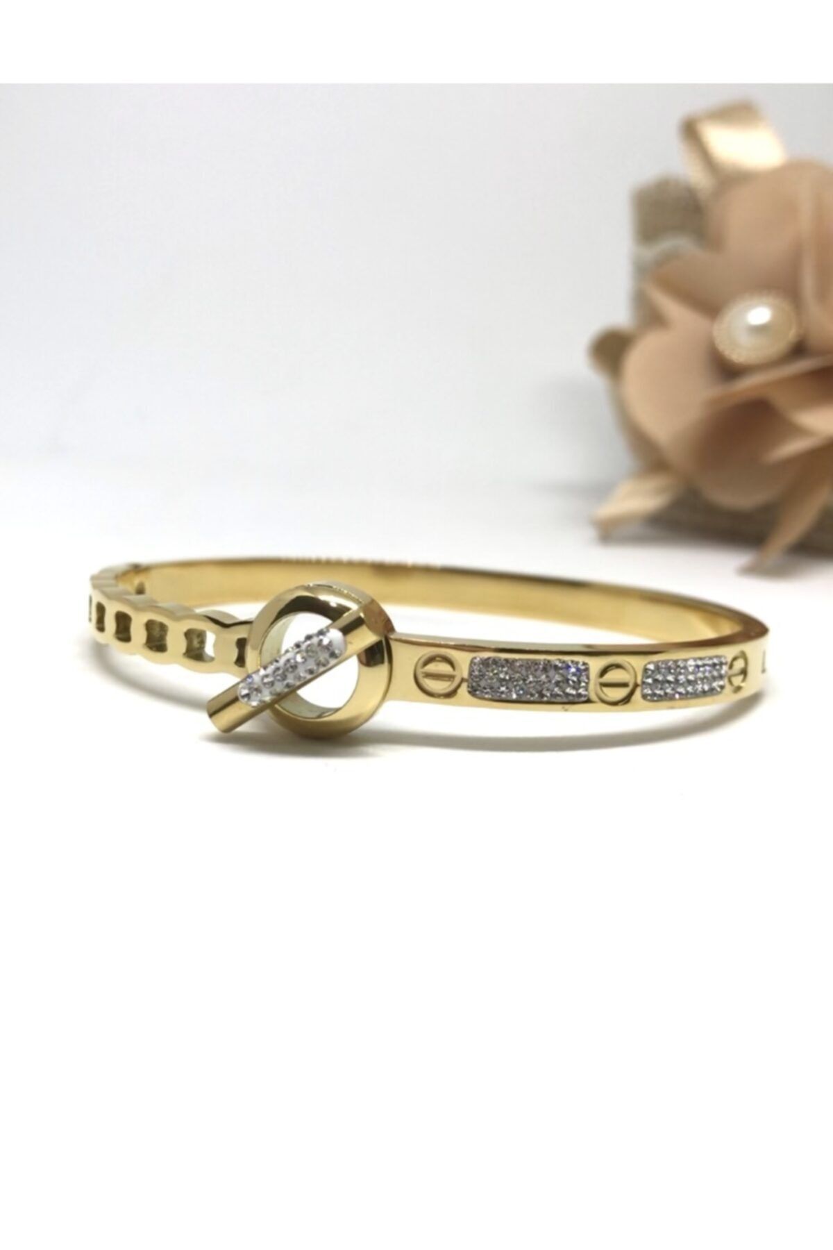 GLARE JEWELRY Kartier Model Zirkonyum Taş Ve Italyan Çelik Üzerine Altın Kaplama Kelepçe Bileklik Cartier
