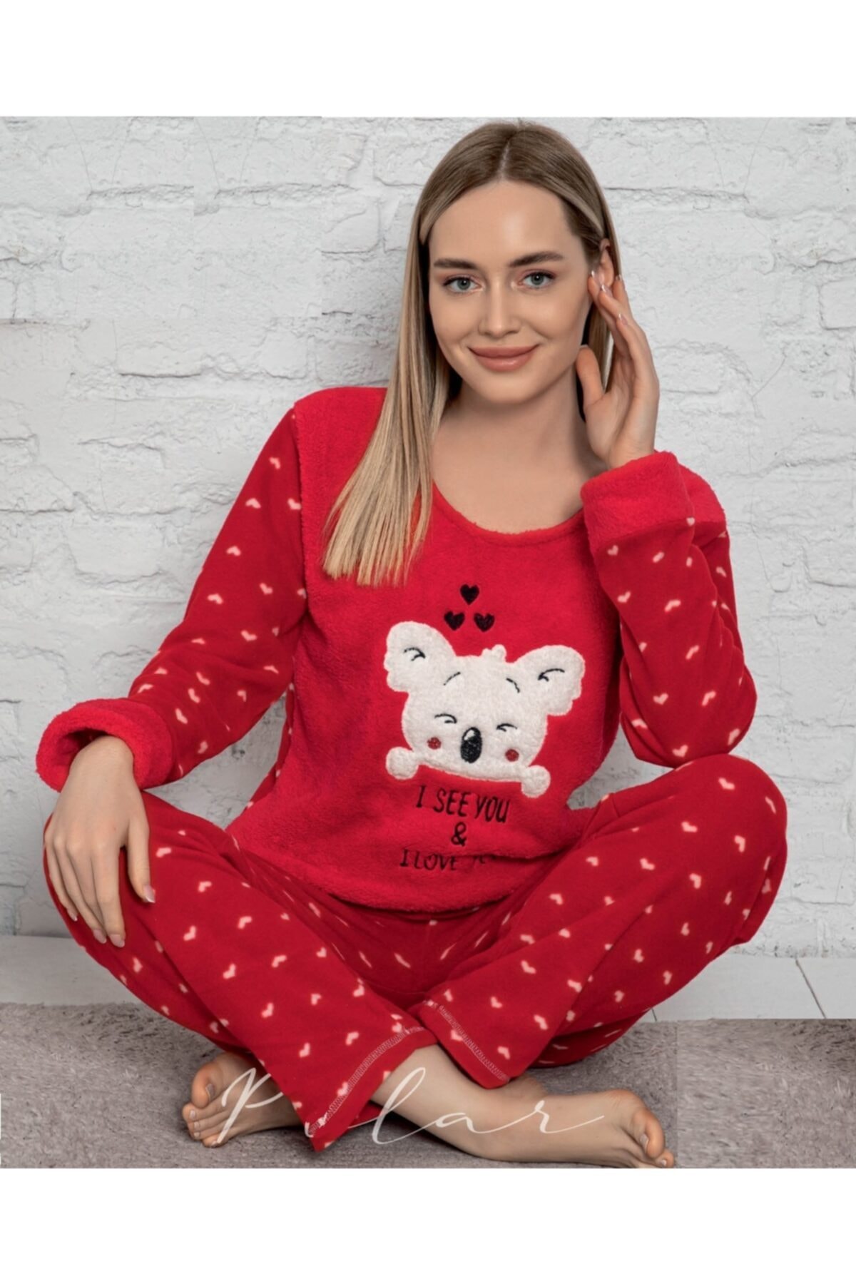 Sude Bayan Kırmızı Peluş Polar Yeni Yıl Yeni Sezon Pijaması