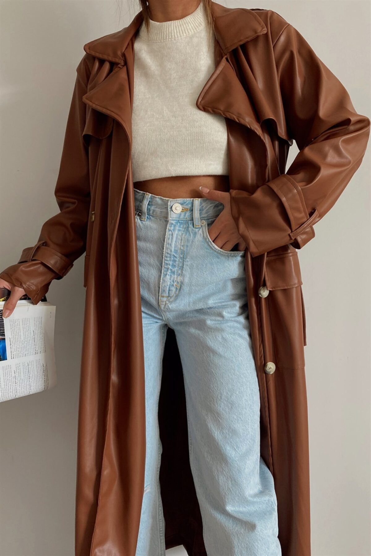 GILLA's Queen Kadın Taba Deri Cepli Şal Yaka Oversize Trençkot New