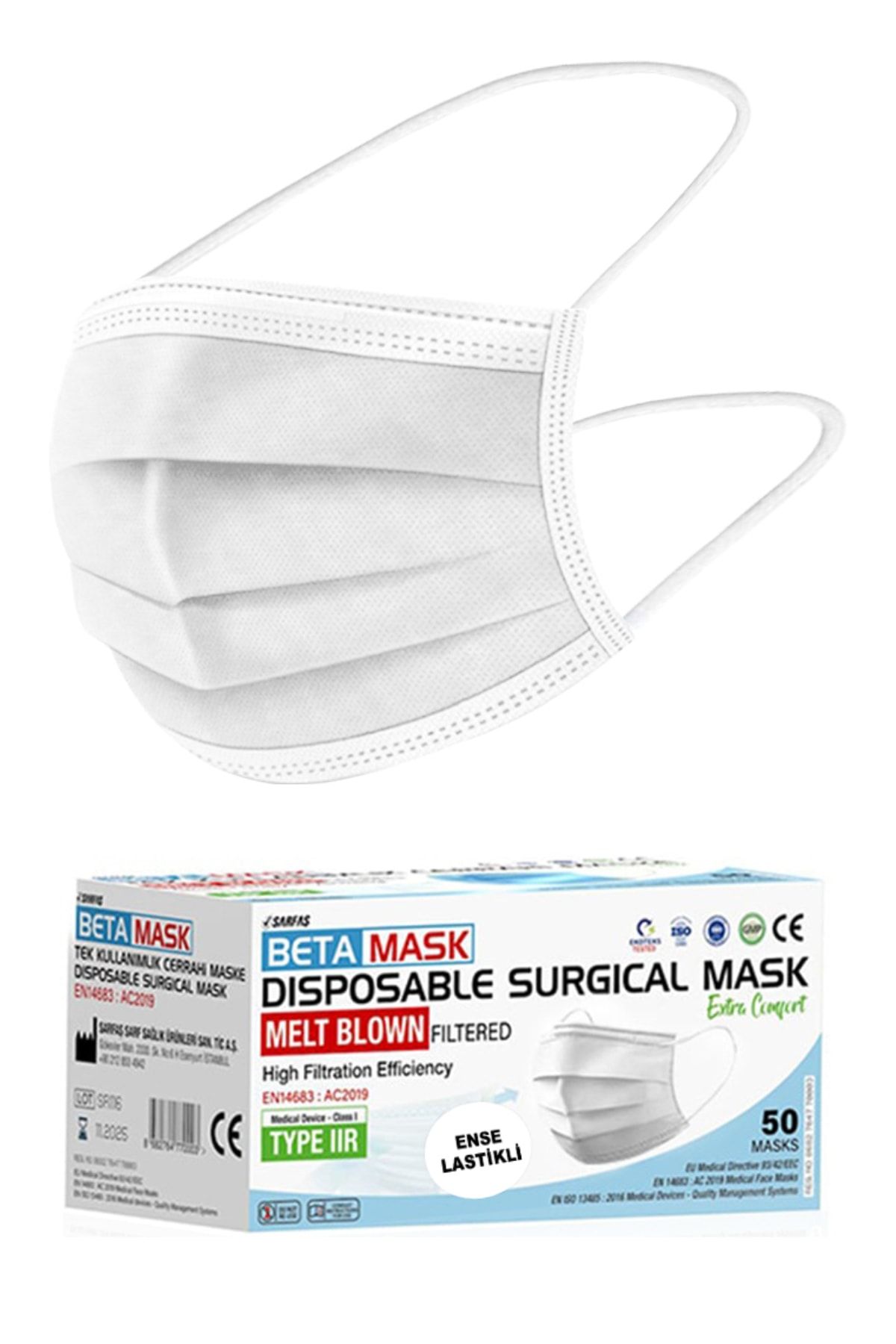 SARFAŞ Beta Mask Üts Kayıtlı Meltblown Katmanlı 3 Katlı Enseden Lastikli Cerrahi Maske 30 Adet Beyaz