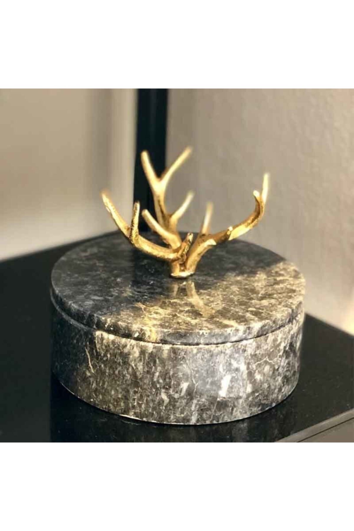 MIARIK DESIGN & DEKORASYON Dekoratif Geyik Boynuzu Detayli Gold Pirinç Kulplu Koyu Gri Kutu Büyük Boy