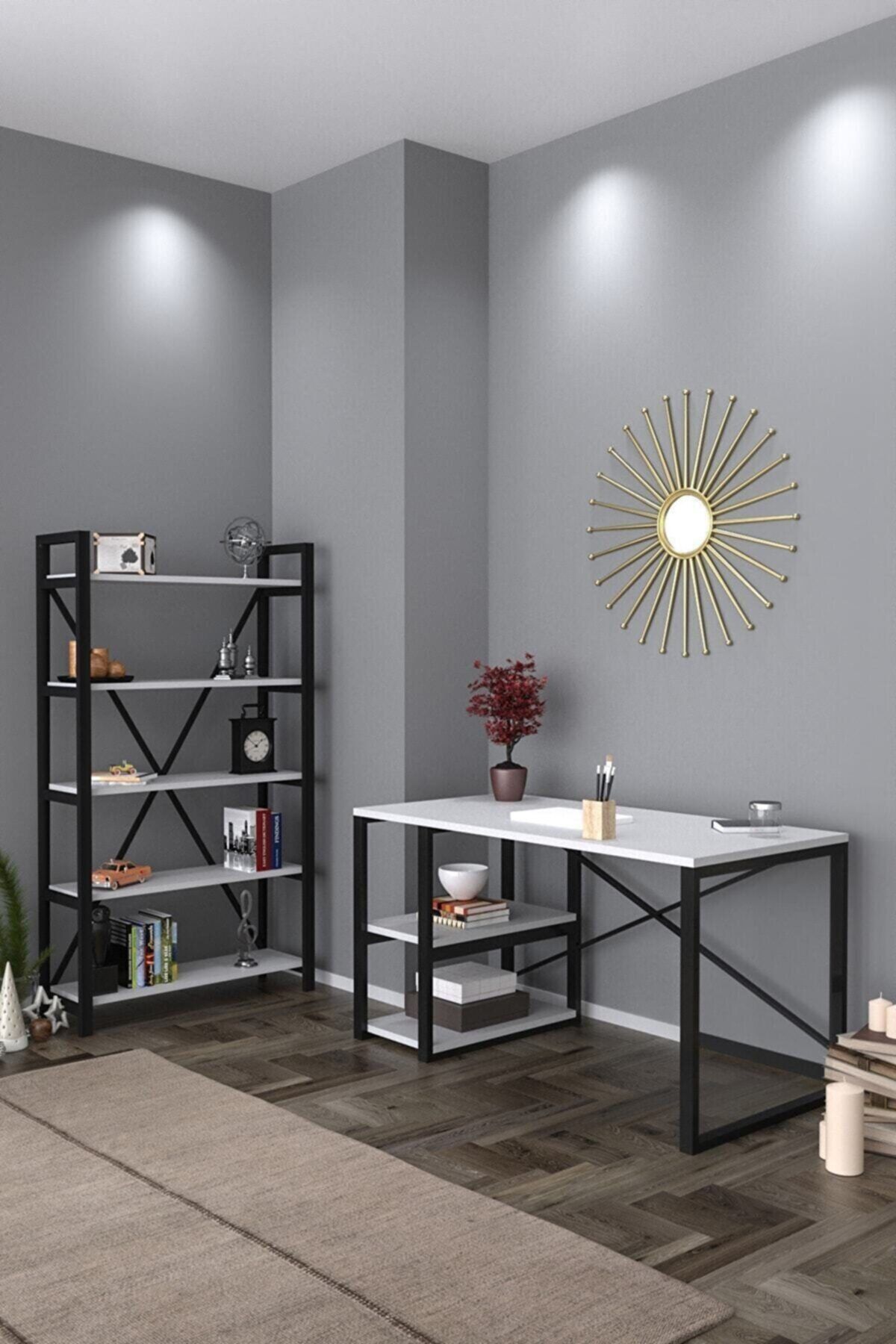 ElitHomeDeco Cansel Çalışma Masası Kitaplık Seti Beyaz Elthd36