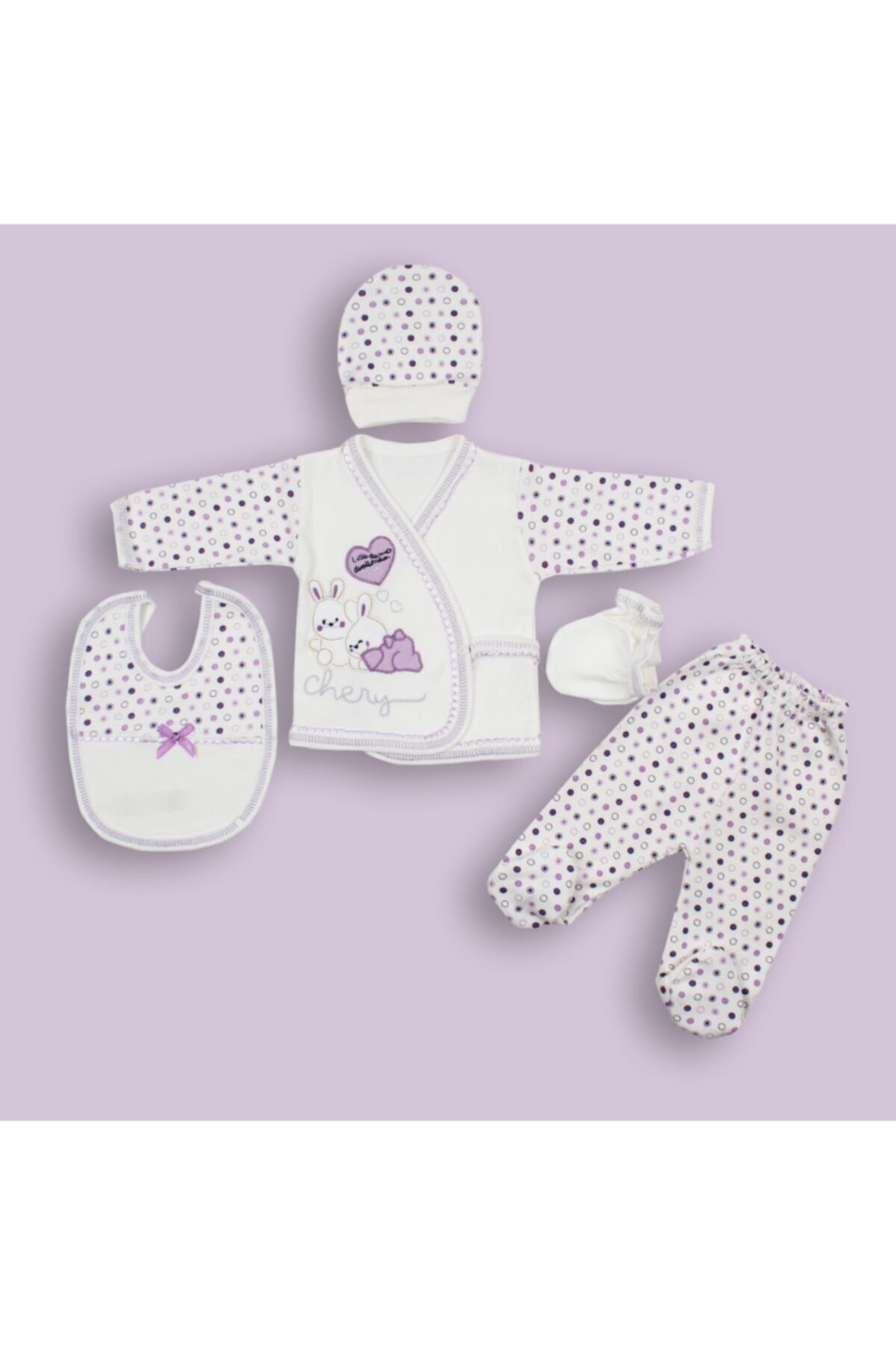AGES ANGELS 5'li Hastane Çıkışı Tavşan Nakışlı Yenidoğan Lila Set