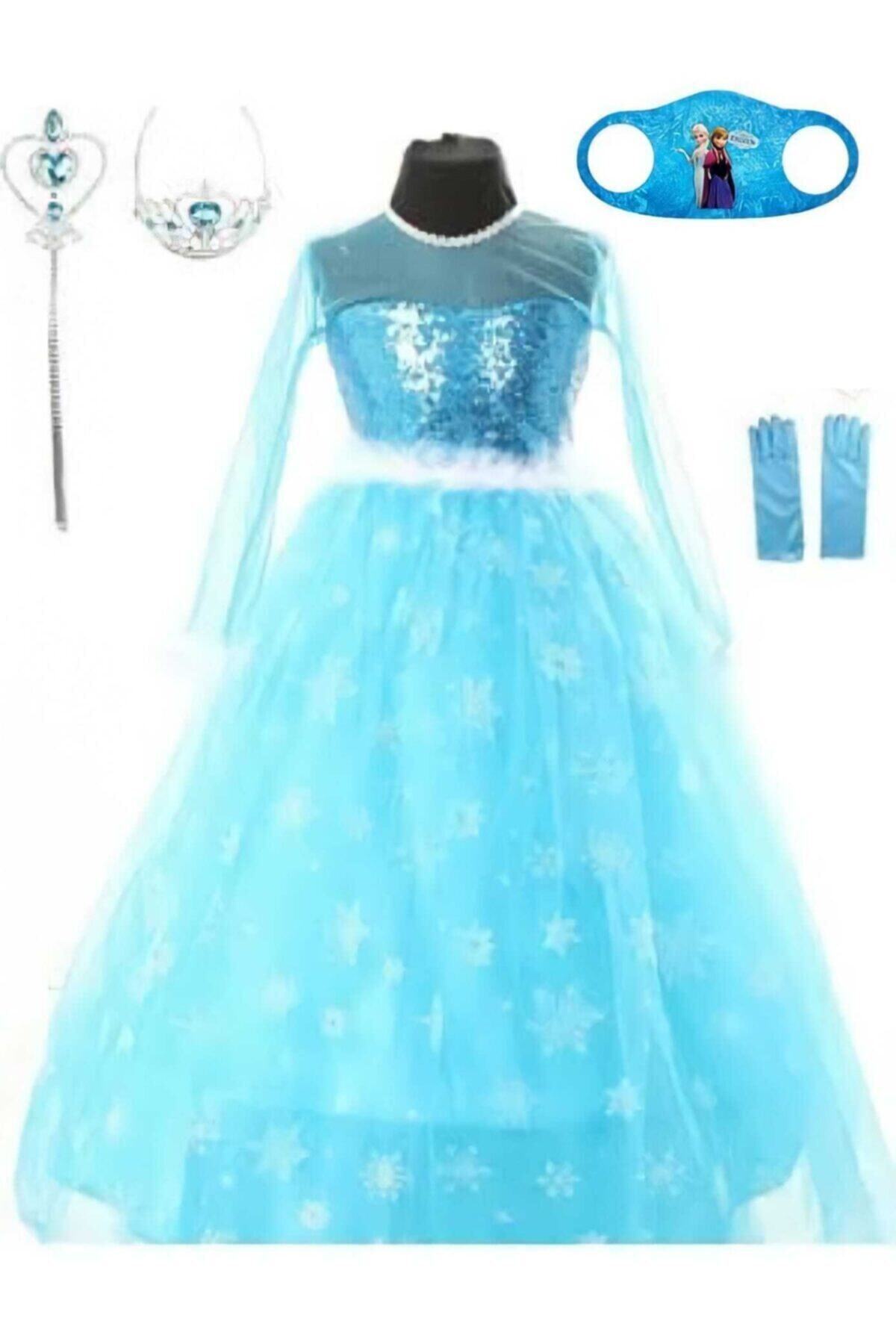 partikirtasiye Uzun Kollu Tarlatanlı Mavi Elsa Elbise + Taç + Asa + Eldiven + Maske