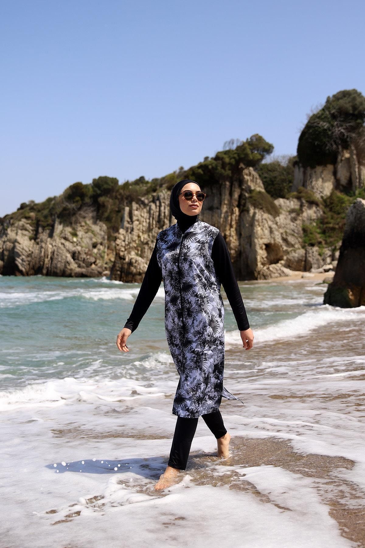 Remsa Mayo Kadın Paraşüt Tam Kapalı Tesettür Mayo Deniz Mayosu Çiğdem Gri