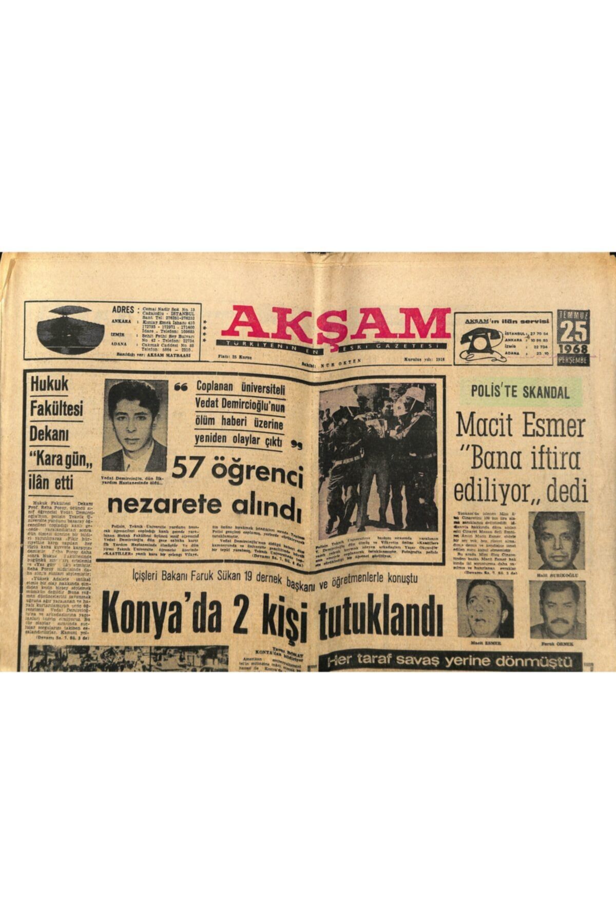 Gökçe Koleksiyon Akşam Gazetesi 25 Temmuz 1968 Macit Esmer Bana İftira Ediliyor