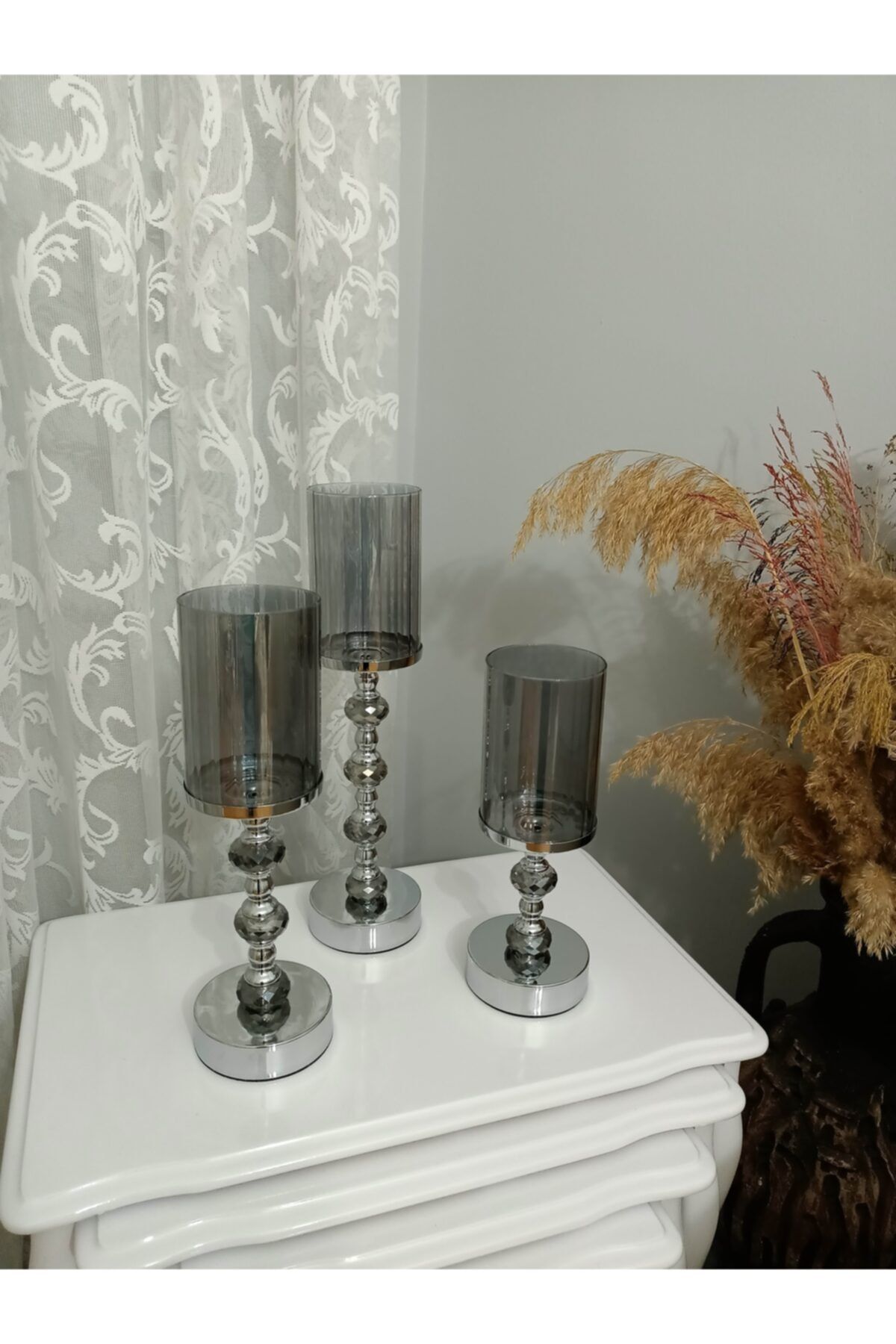 ASL CONCEPT FURNİTURE 3'lü Silver Cam Şamdan