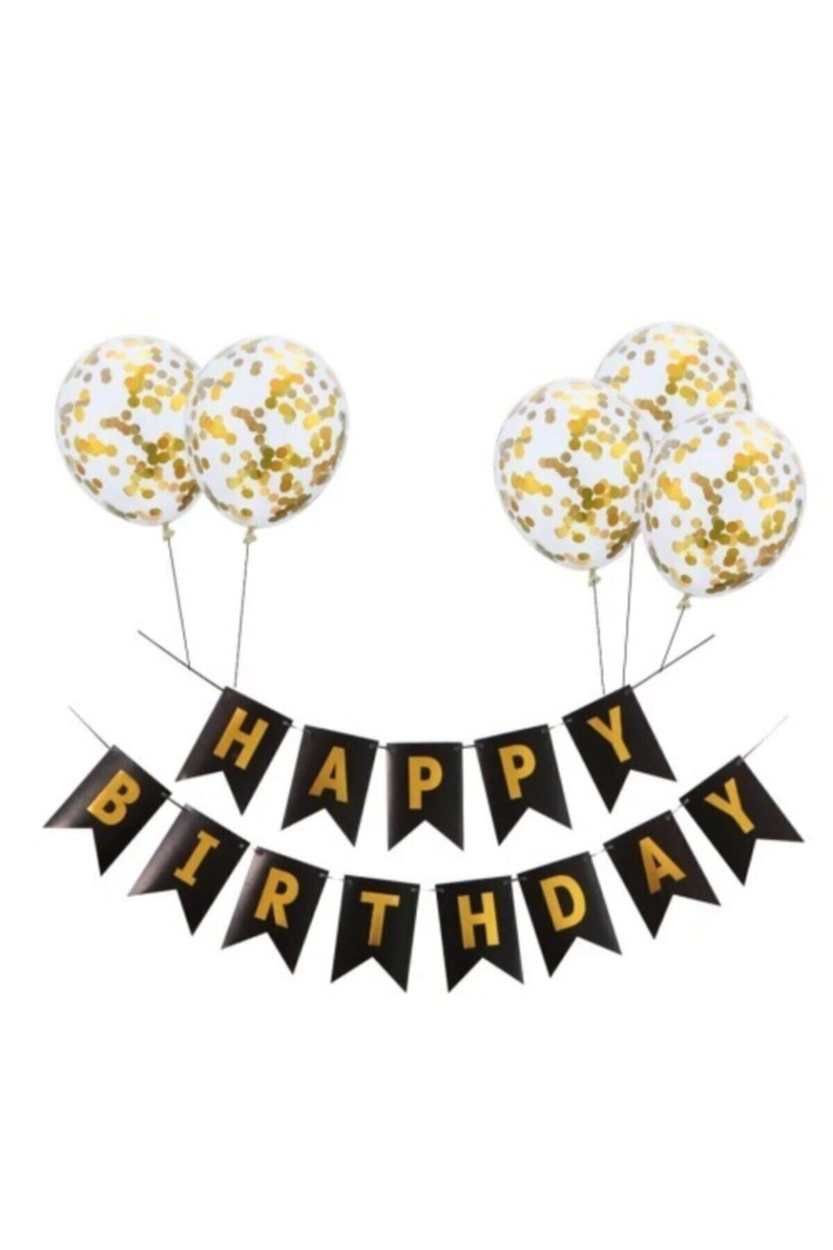 Deniz Party Store Happy Bırthday Siyah Varaklı Banner Yazı Konfetili Şeffaf Balon Seti Parti Seti