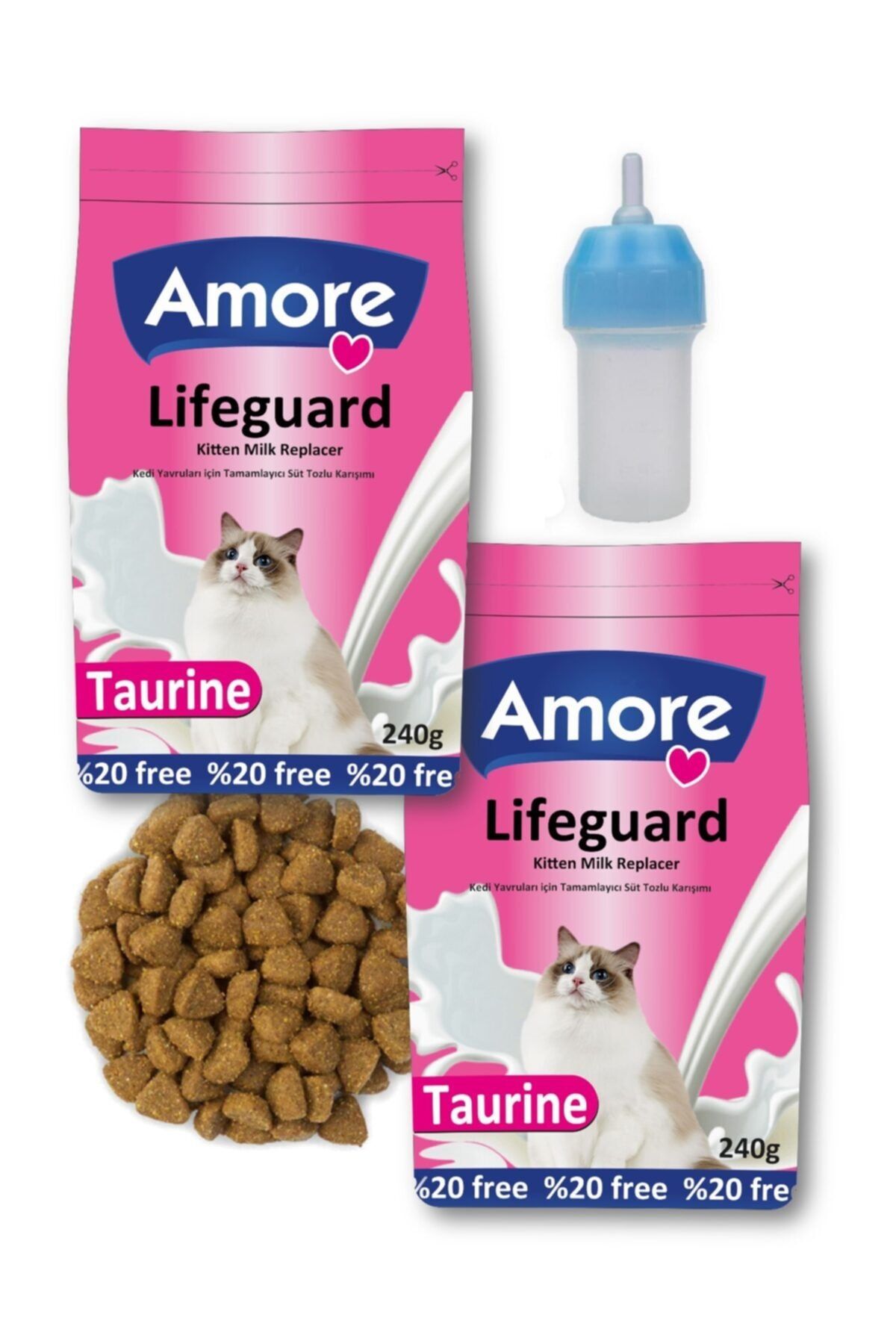 AMORE Lifeguard Yavru Kedi Süt Tozu 2x240gr + Biberon + Hills Kitten 100g Zippack